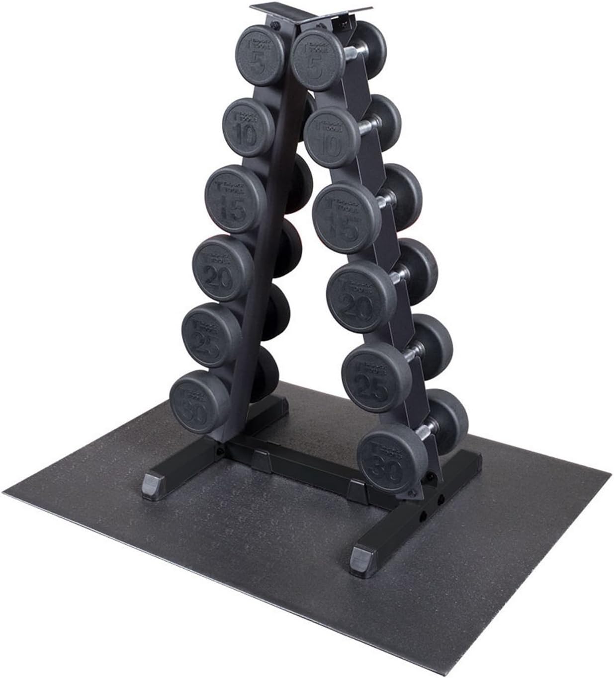 Body-Solid GDR44B Vertical Dumbbell Rack with round dumbbells