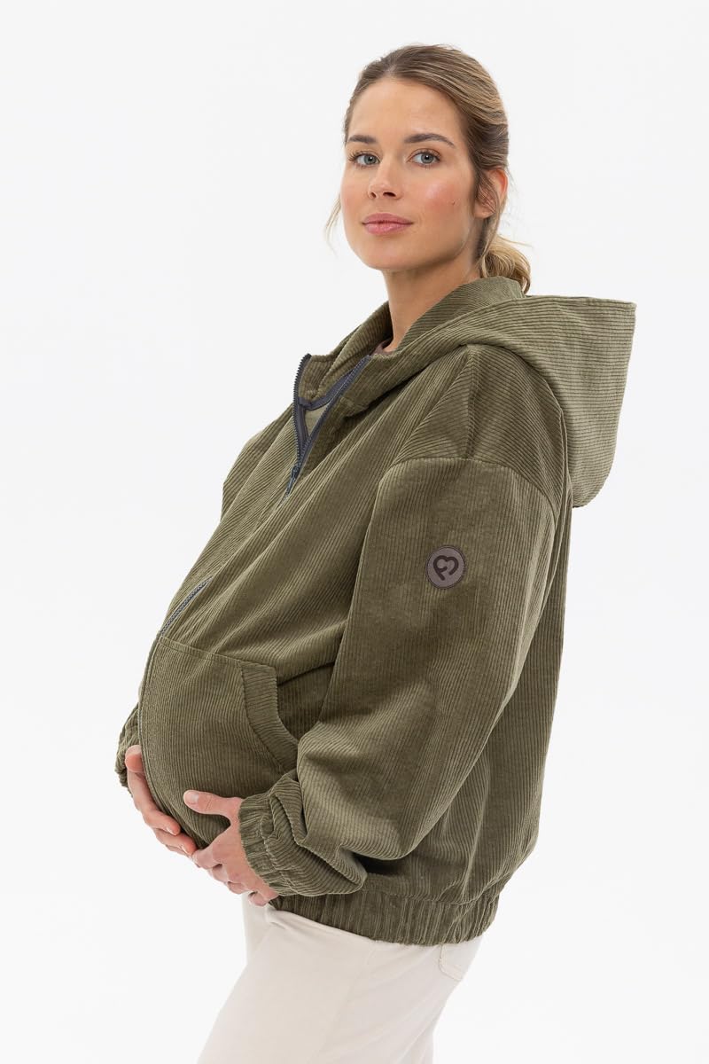 fun2bemum Cordjacke 3 in 1 Tragejacke Baby Umstandsjacke Oversize Herbstjacke für Mama mit Babytrage aus Baumwolle mit Einsatz (Groß, Olive)