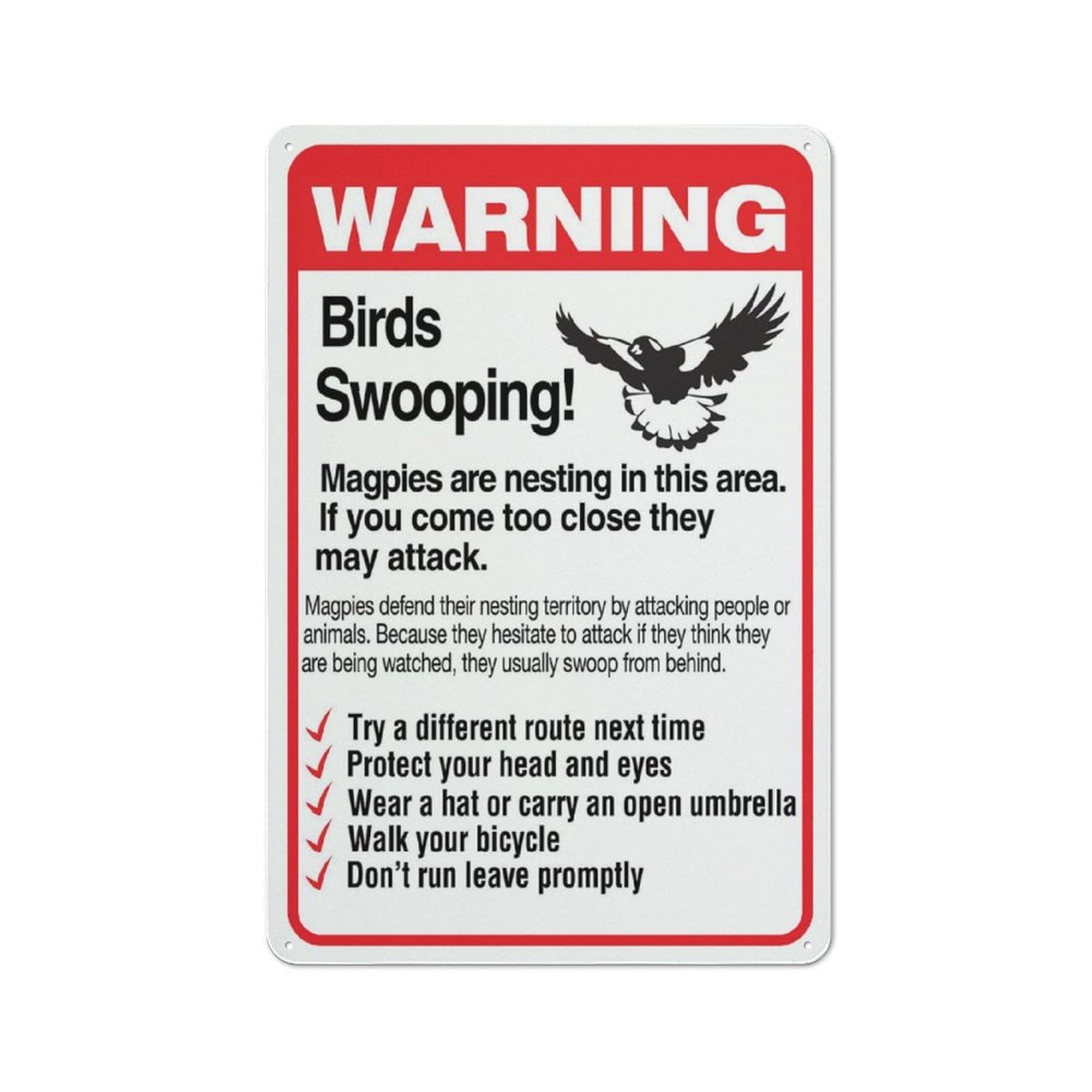 peiyeety Warning Birds Swooping Sign - 8"x12" Rust Free Aluminum, Outdoor/Indoor For Home/Business/Yard