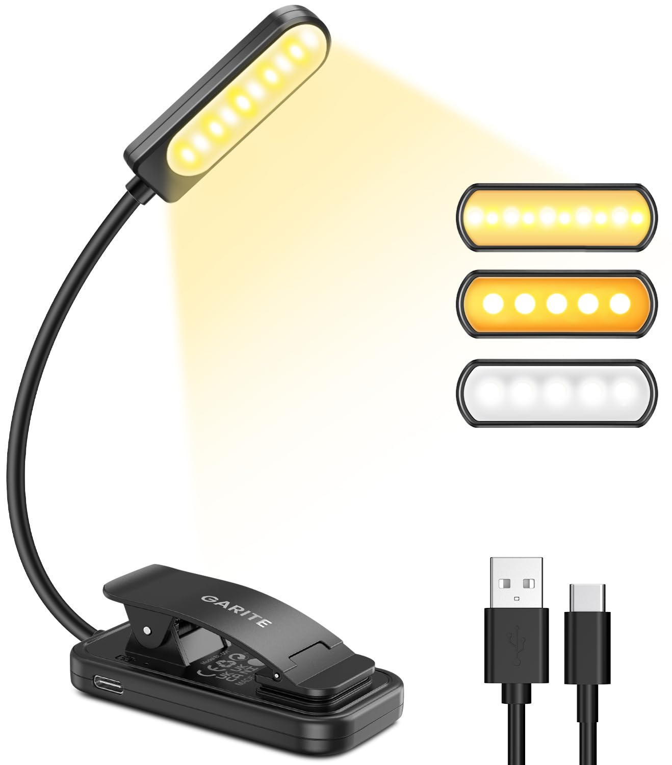 Luz Lectura de Libros en la Cama, 10 LED Luz de Lectura USB Recargable con 3 Colores y Atenuación Continua , 360° Flexible &Protección para Los Ojos Lampara Lectura de Larga Duración para Cama/Libro