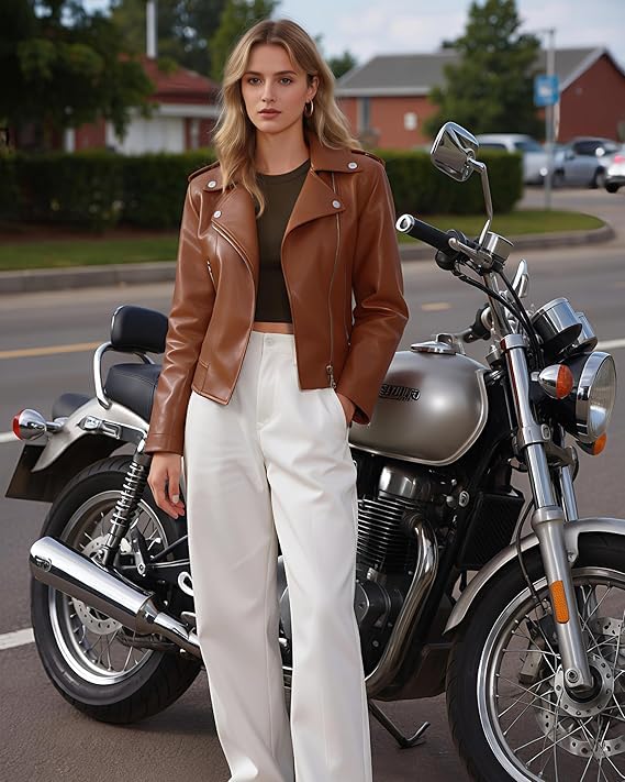 Image of Women Biker Faux Leather Jacket Vintage Casual Outfit