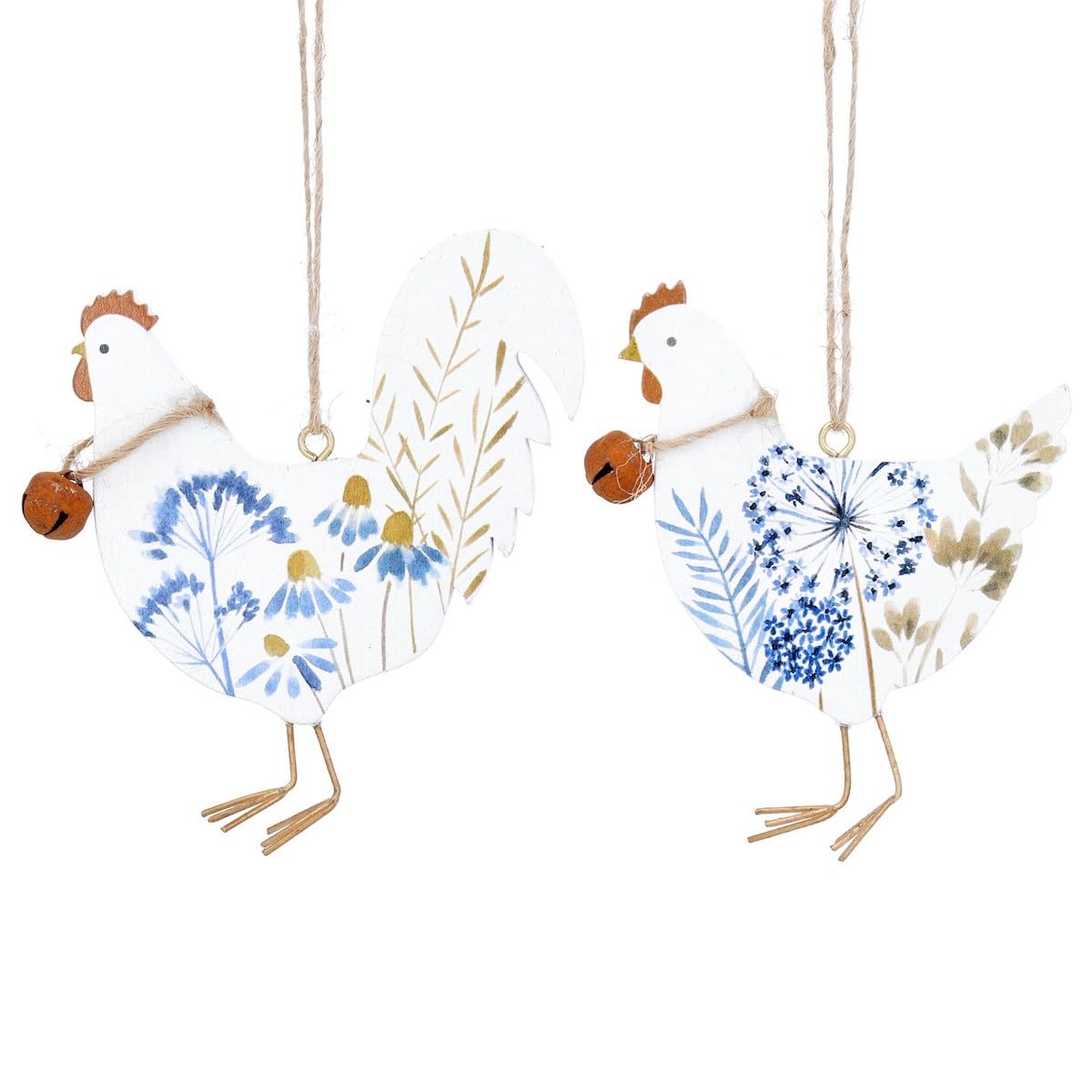 Gisela Graham Set of 2 Blue Meadow Rooster & Hen Easter Decorations