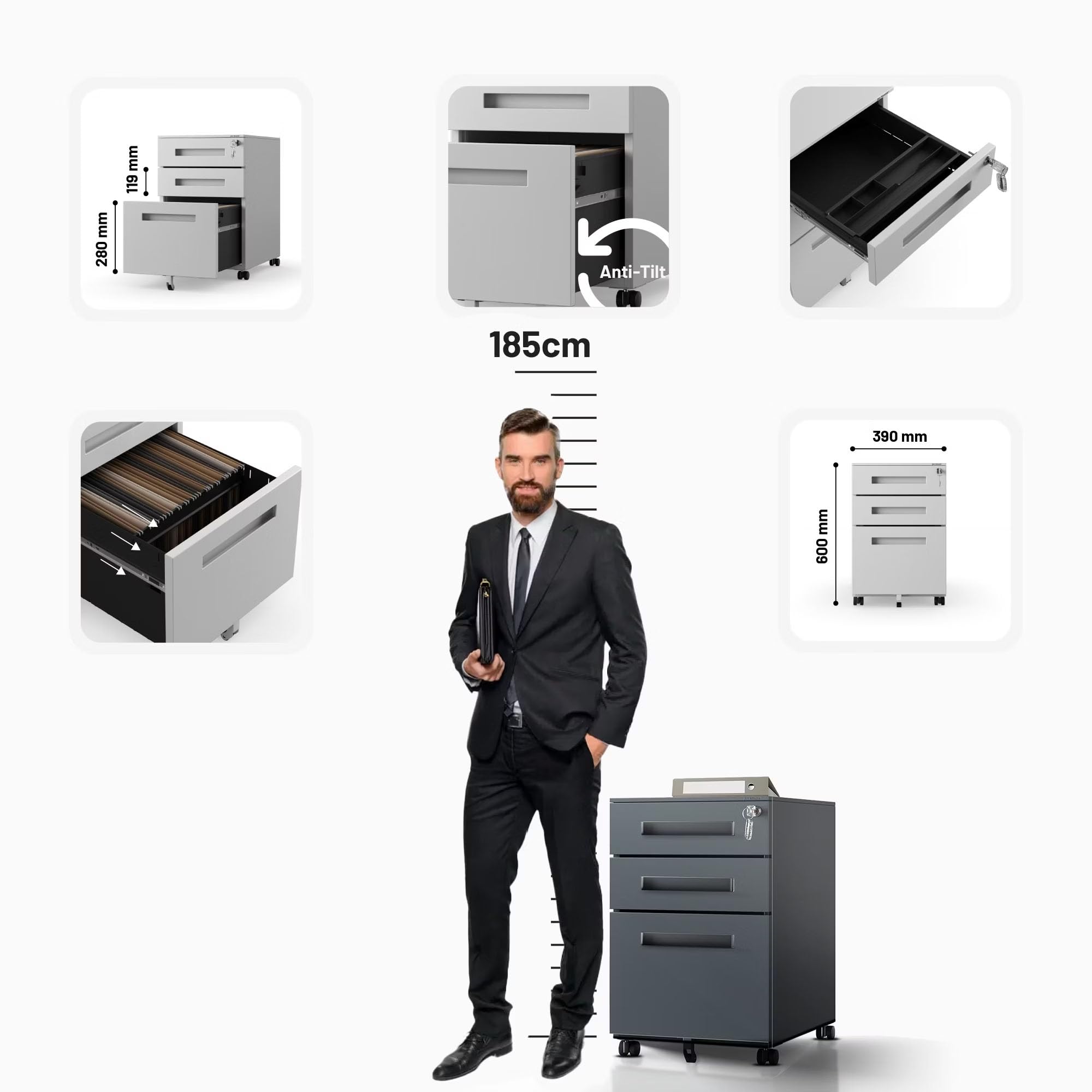 Jan Nowak Rollcontainer Bürocontainer Schubladenschrank Rollen 39x60x50 cm | Schreibtischcontainer, Rollwagen mit Schubladen, mobile Büroaufbewahrung für Unterlagen, Zubehör und Arbeitsplatzorganisation