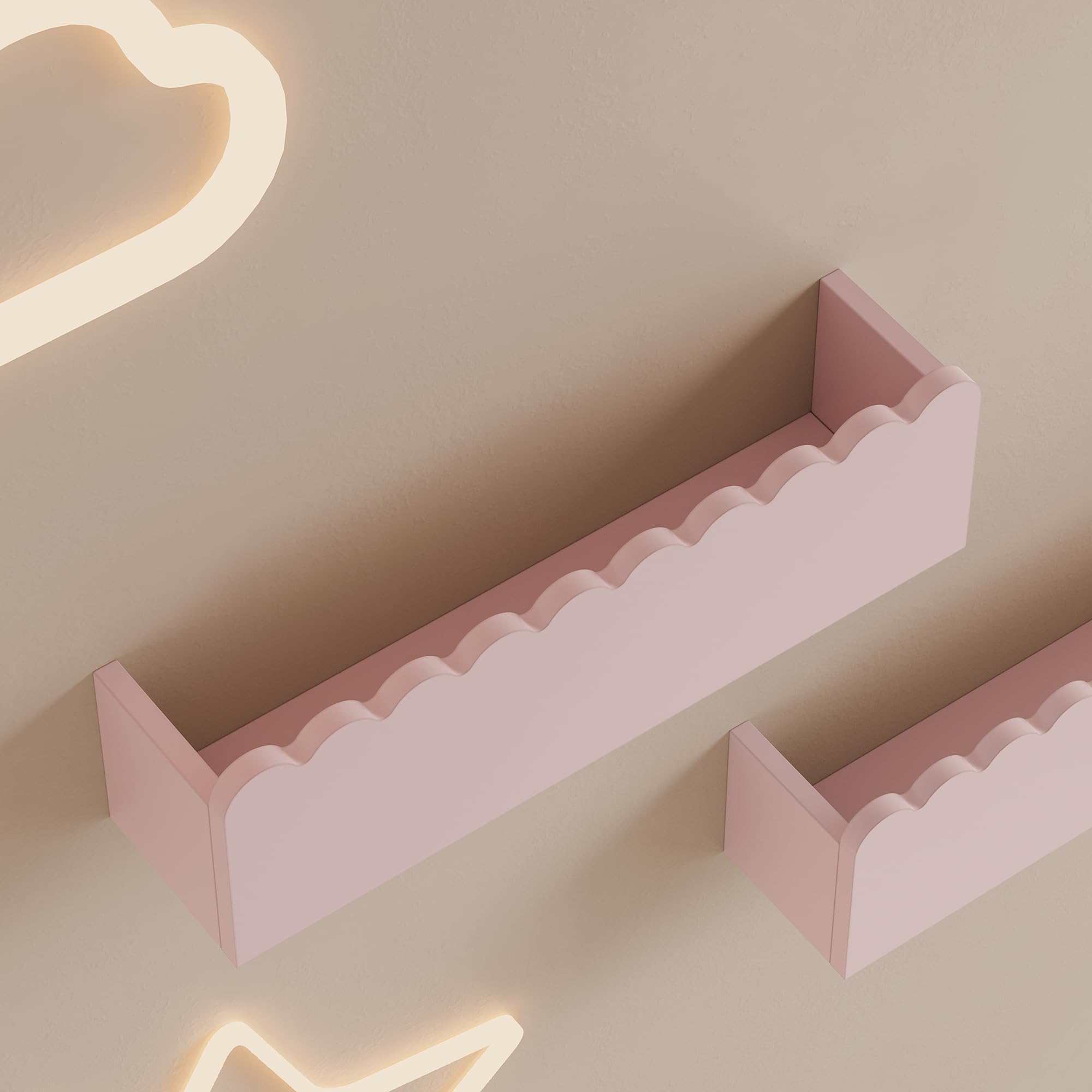 [en.casa] Set de 2 Estantes Flotantes Infantil Vestnes Baldas de Pared con Borde Elevado y Ondulado Librería Dormitorio para Niños Habitación Infantil 40 x 9,5 x 10 cm Rosa - Algodón de azúcar