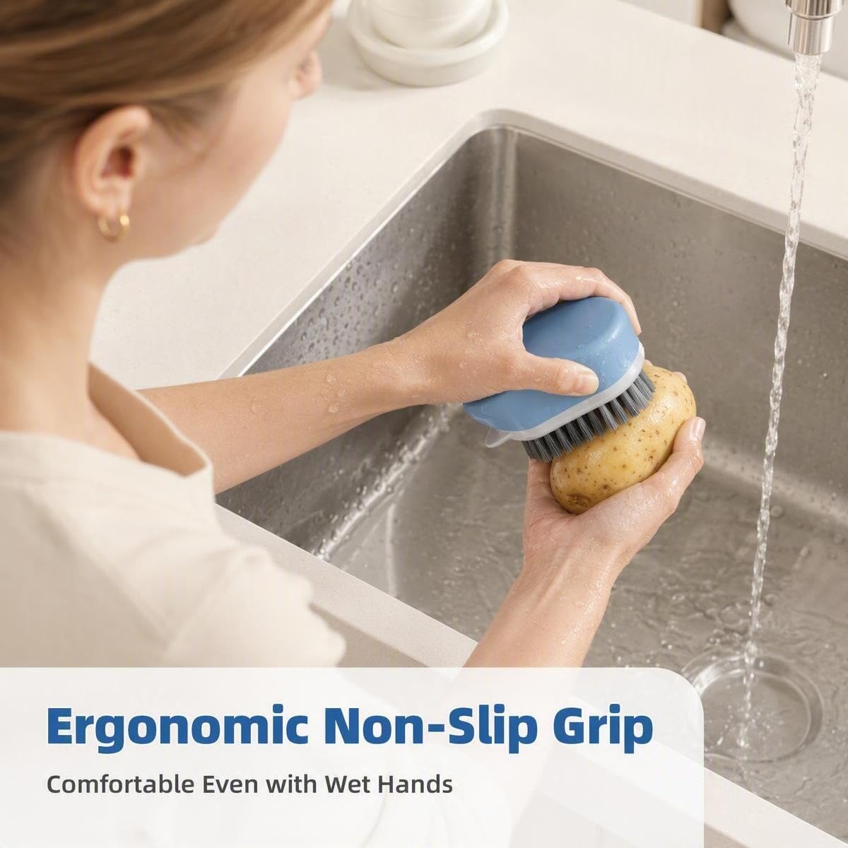 2 Pack Vegetable Brush with Potato Eye Remover, Standing Design Scrubber with Ergonomic Handle, Stiff and Gentle Nylon Bristles for Potato, Carrot, Mushroom Cleaning
