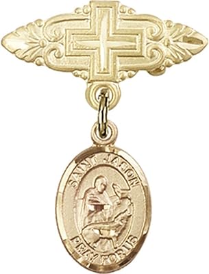 Gold Filled Baby Badge with St. Jason Charm and Badge Pin with Cross 1 X 3/4 inches