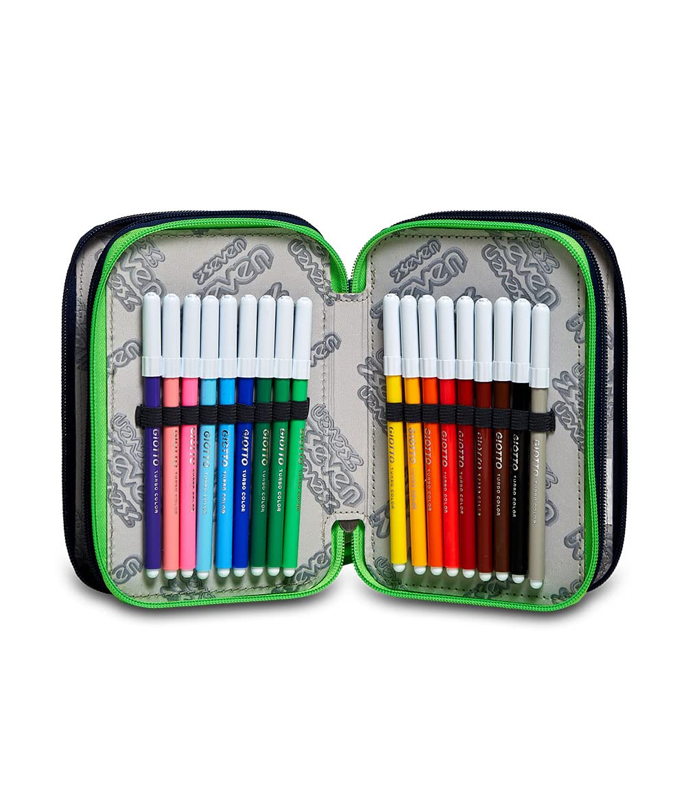 Seven Astuccio Scuola Elementare, 3 scomparti, Medie, con Matite, Pennarelli, Penne, 3 Zip, Blue Camo boy, Bambino e Ragazzo, blu