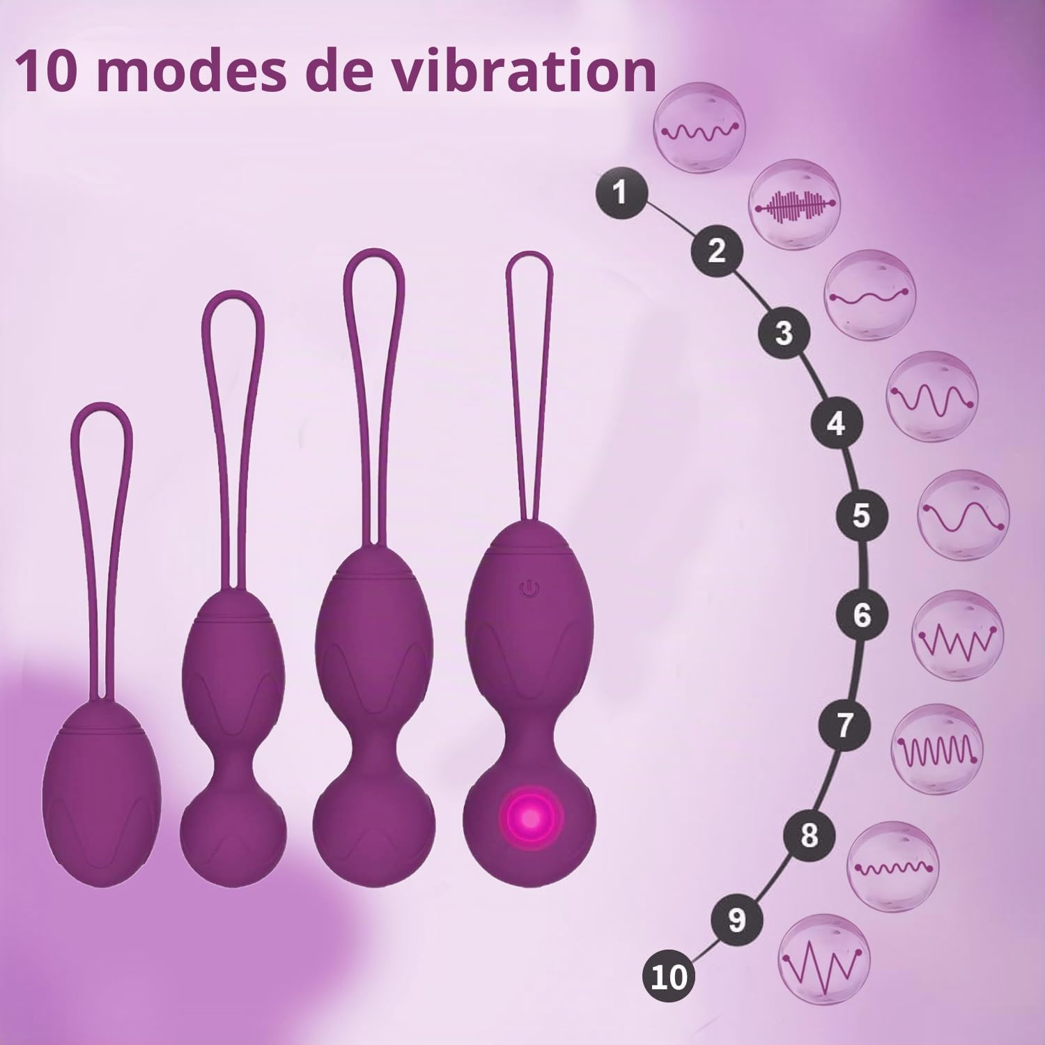 Boules de Geisha - Boules d'entraînement du plancher pelvien pour femme - Kit d'entraînement en silicone médical pour le contrôle de la vessie et les exercices du plancher pelvien - 4 balles violettes