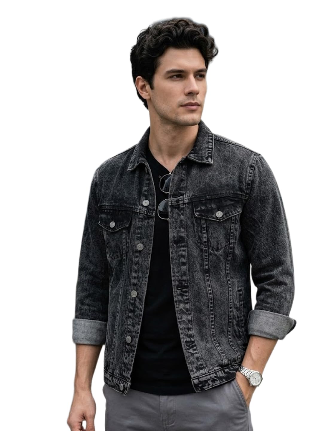 Men's Regular Fit Washed Full Sleeve Denim Jacket-image-12