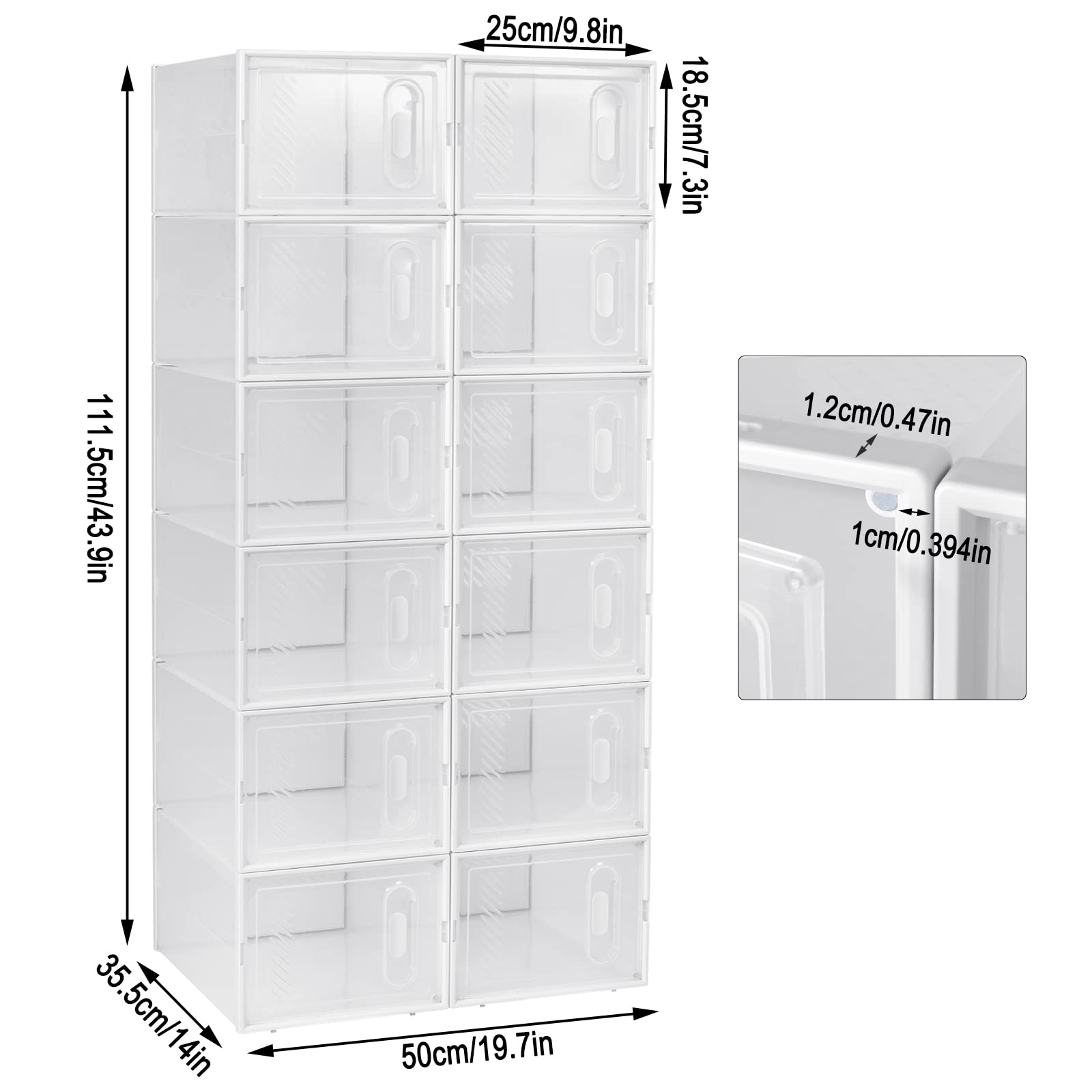 WOLTU 12X Cajas de Zapatos Transparentes, Cajas de Plástico Apilables y Plegables, Organizador de Almacenaje de Guardarropa, Zapateros con Tapa Frontal, 35x25x19 cm