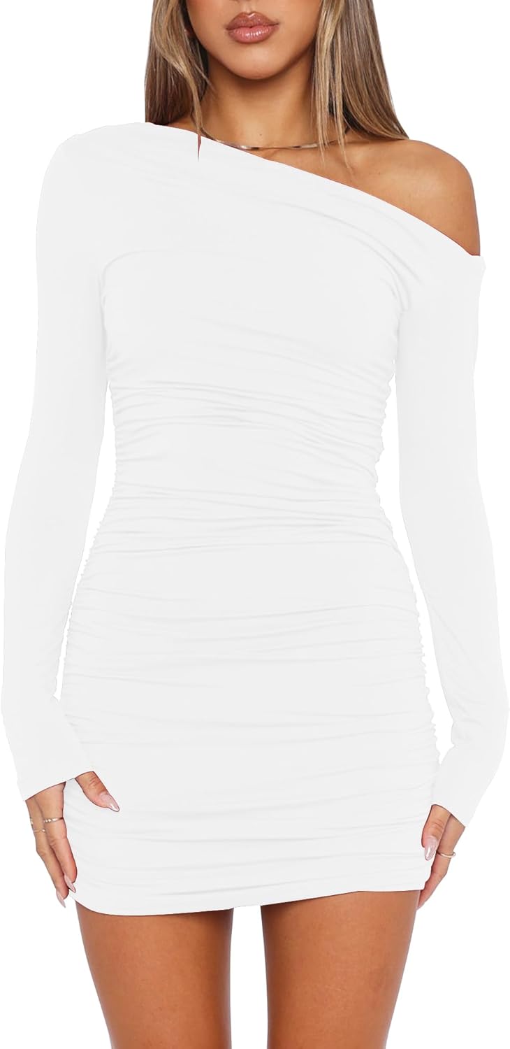 Mokoru Women's Sexy Elegant Off Shoulder Long Sleeve Ruched Bodycon Cocktail Party Mini Dresses