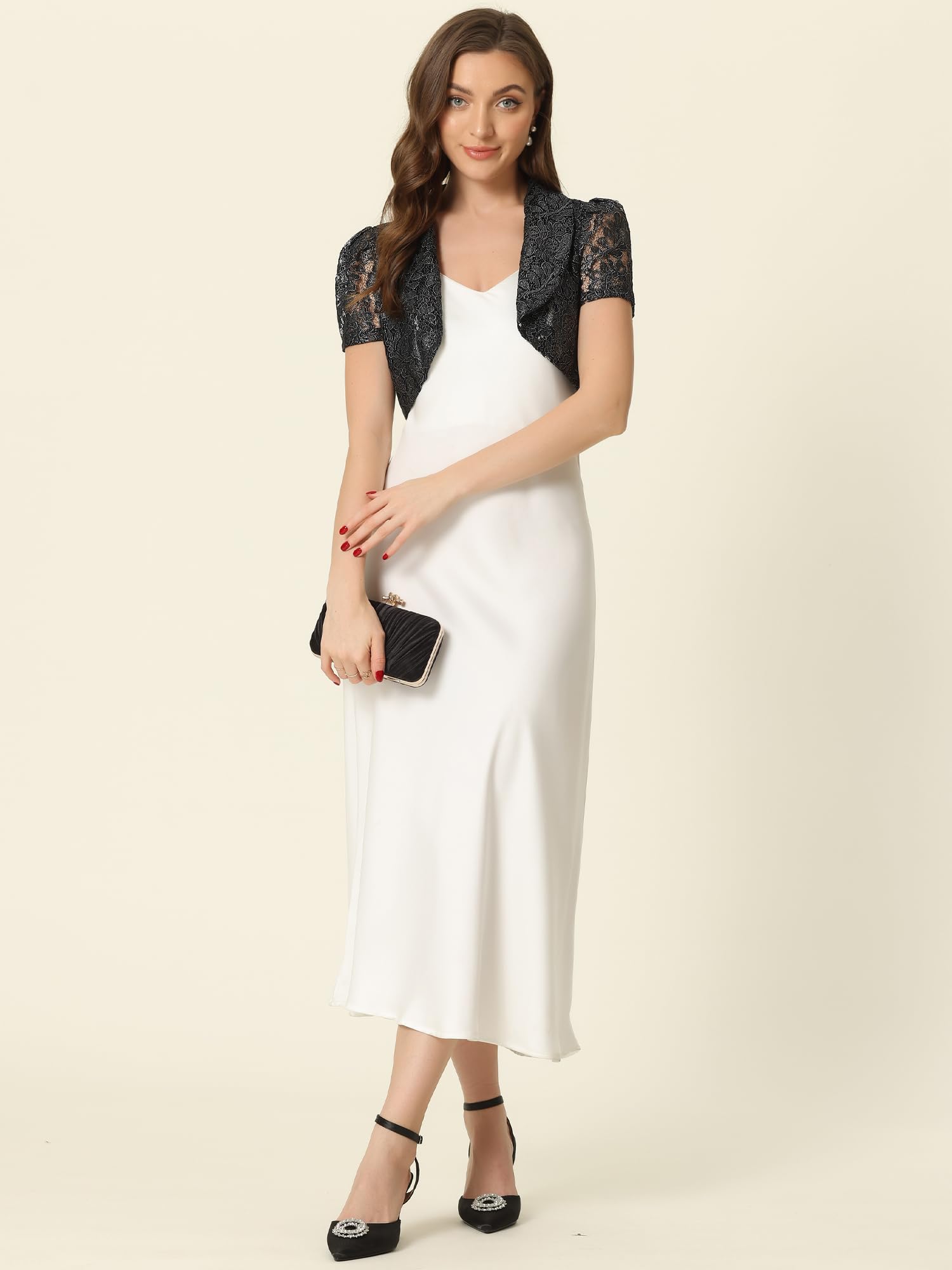 Allegra K Boléro élégant en dentelle florale pour femme - Pour le travail, les invités de mariage, noir, X-Large