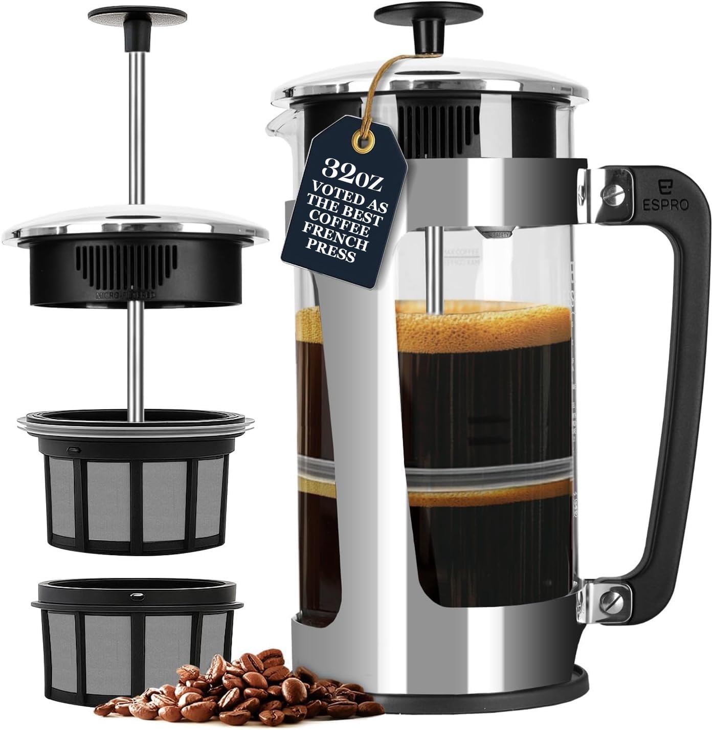 ESPRO - P5 Cafetiere 4 Cup French Press Coffee Maker – Patented Double Micro-filter for Sludge and Grit Free Brew Heat Resistance Thicker Borosilicate Glass - 950ML