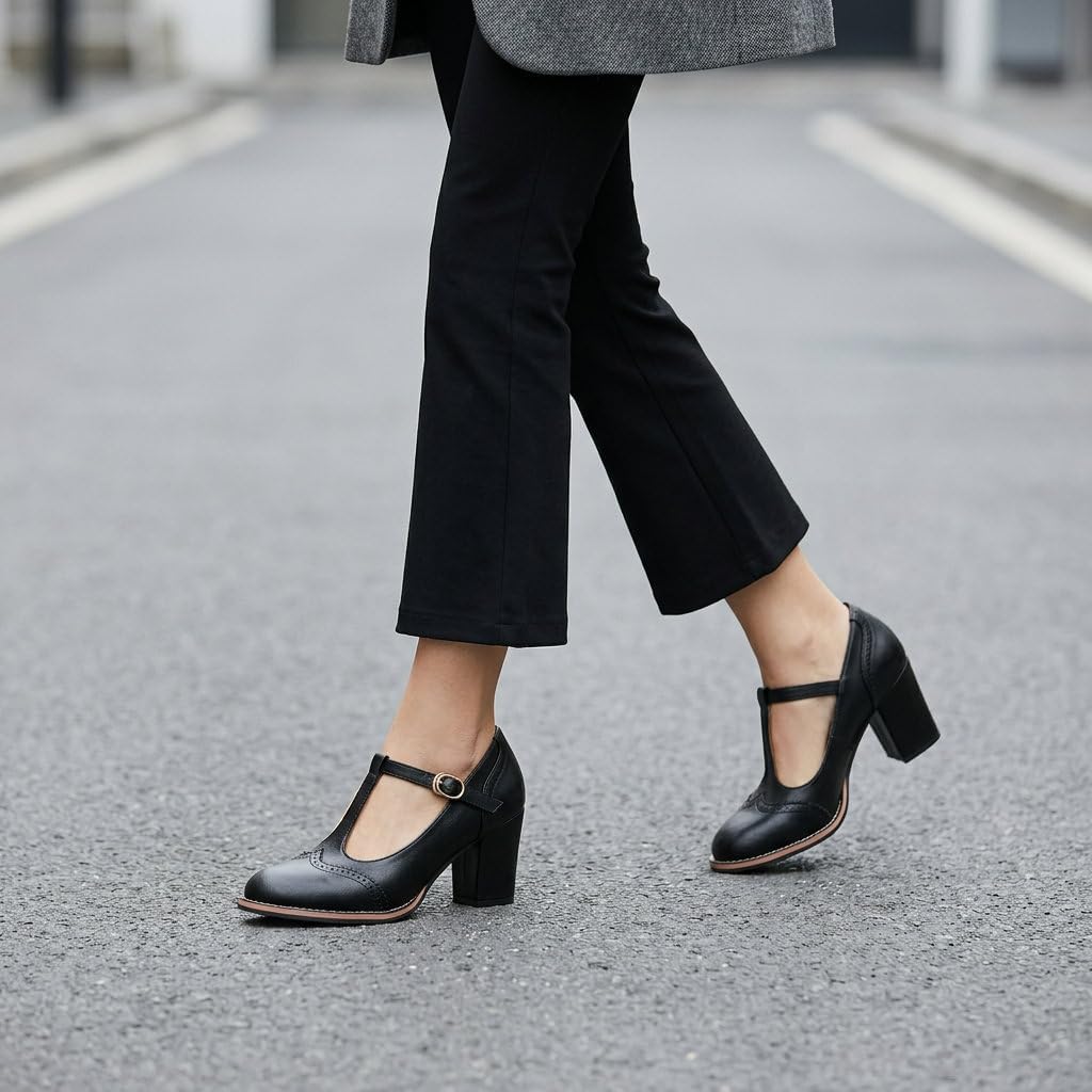 Women's Oxford Shoes Black Brown T Strap Heels Retro Brogue Style Chunky High Heels Mary Janes Pumps Wingtip 1950s Dress Shoes