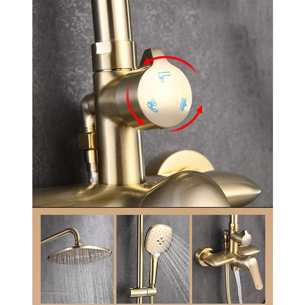 Set Doccia Pieno Metallo Rame Spazzolato Oro Doccia Set 3 Funzione Rotondo Top Spray Booster Ugello Rubinetto Soffioni Fissi Beauty Comes,