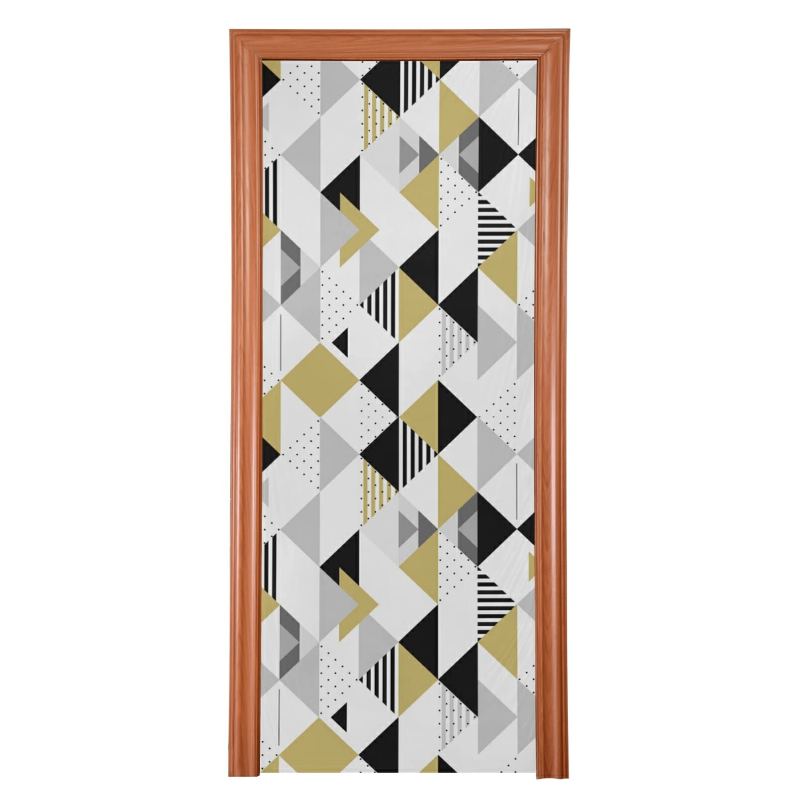 Geometric Triangle Stripes Polka Dots Gold Black White Pattern Door Cover, Washable Fabric Durable Door Decoration Silk Microfiber for Front Door Porch Home Indoor Outdoor Party 32x79 inches