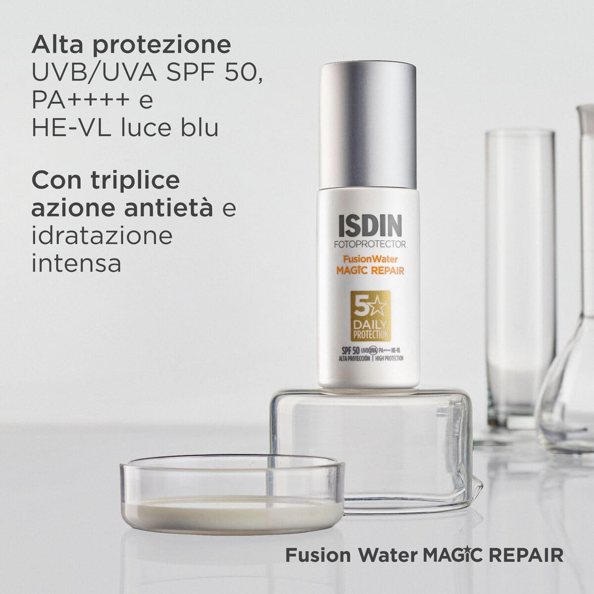 ISDIN Fotoprotector Fusion Water MAGIC Repair SPF 50 (50 ml) | Protezione Solare Viso per Uso Quotidiano | Tripla azione antietà