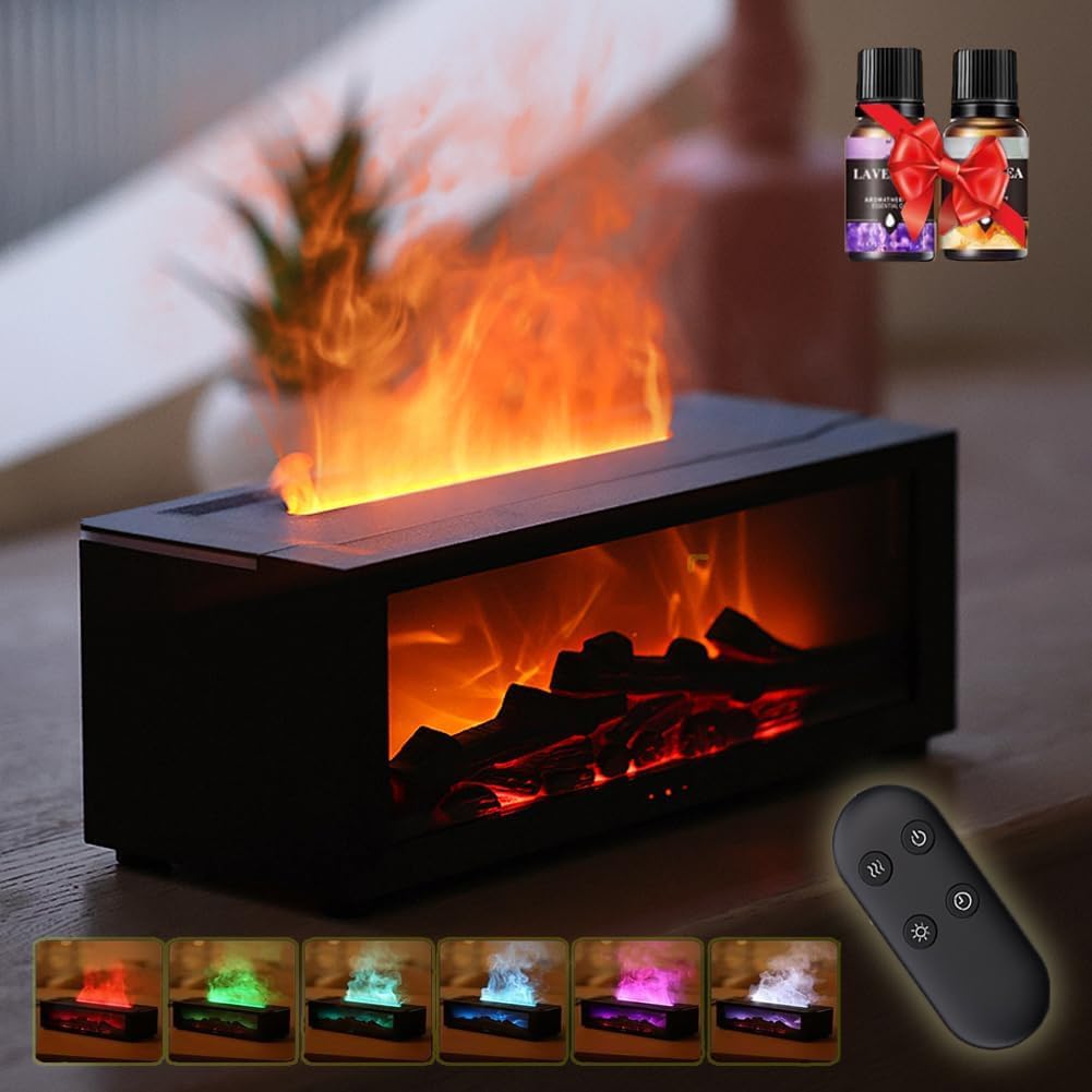 Fireplace Flame Diffuser for Home,7 Colors Bonfire Diffuser,150ML Ember Diffuser,Mini Flame Humidifier Diffuser,3D Flame Fireplace Aroma Diffuser,Campfire Flame Fire Diffuser (Black + Essential Oils)