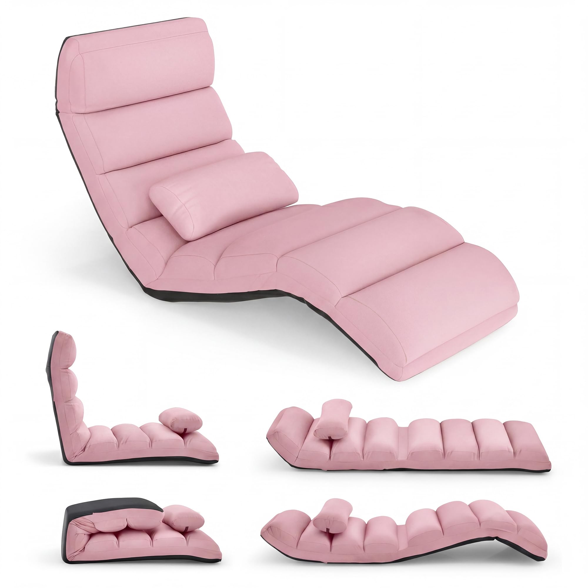 SOARS Fauteuil Salon Relaxant au Sol 5 Positions, Chaise Longue en Daim & Éponge avec Oreiller Rembourré & Repose-Pieds Réglable, Charge 120KG, Méridienne Convertible Bureau Terrasse Chambre (Rose)