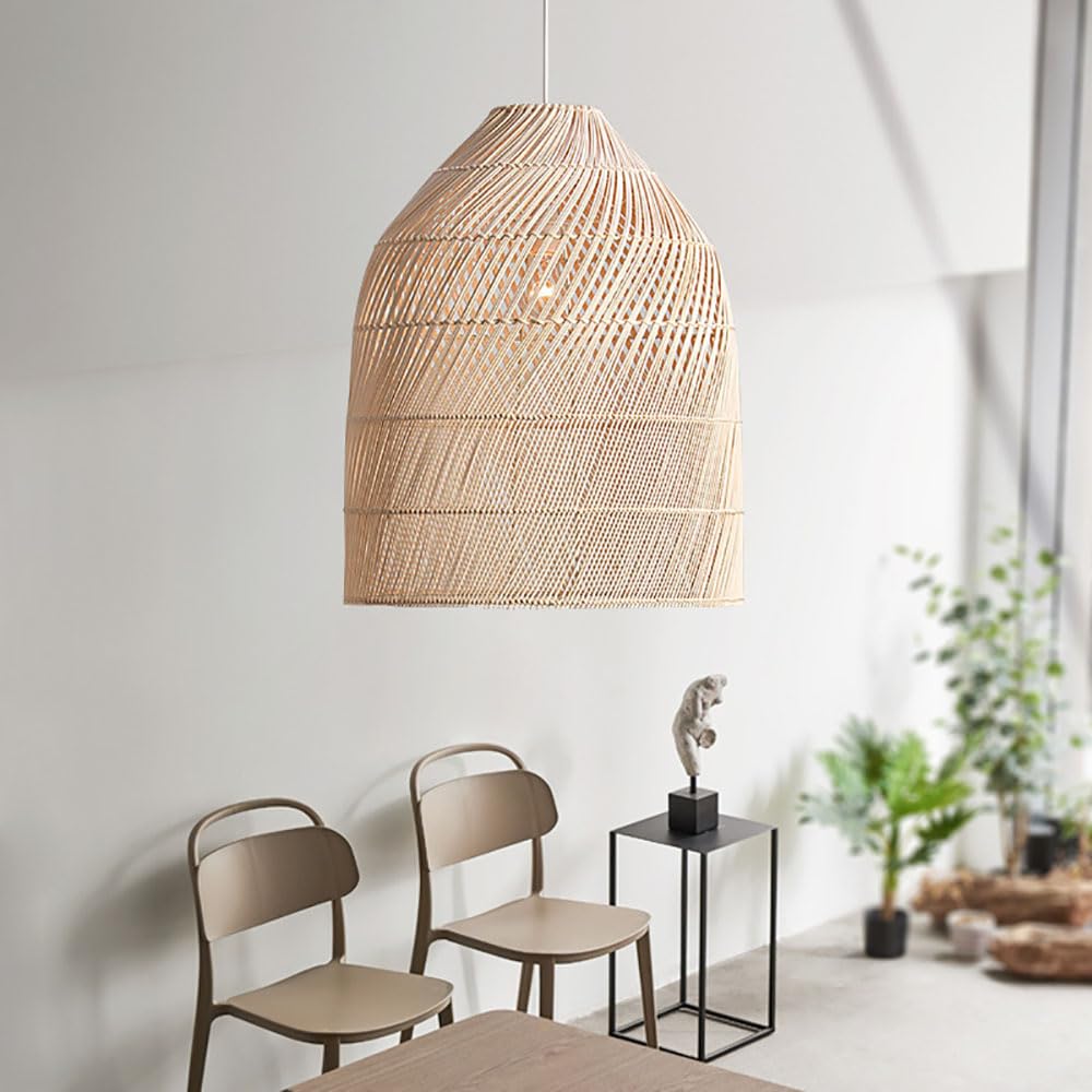 XQIDIANAA 16.5” Boho Hand Woven Rattan Pendant Light Hand Woven Chandelier Modern Coastal Pendant Lighting Fixtures for Dining Room Kitchen Island Living Room