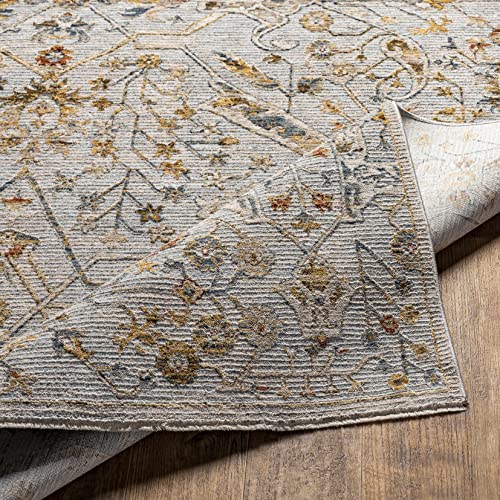 Image of Hauteloom Kunzite Living Room, Bedroom Area Rug - Floral Medallion Border Distressed Leaf - Traditional Oushak Oriental Turkish Transitional - Denim, Light Gray, Cream, Gray, Beige - 6'7 inch x 9'6 inch