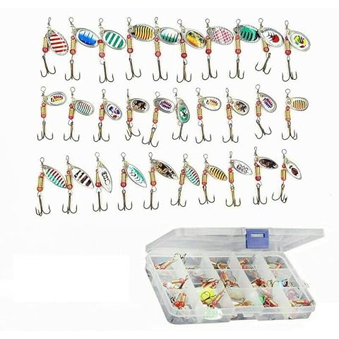 30Pieces Fishing Lures Hard Metal Spinner Lures Spinner Baits for Perch Pike Walleye Trout Salmon Bass Trout Lures with Tackle Box Cover