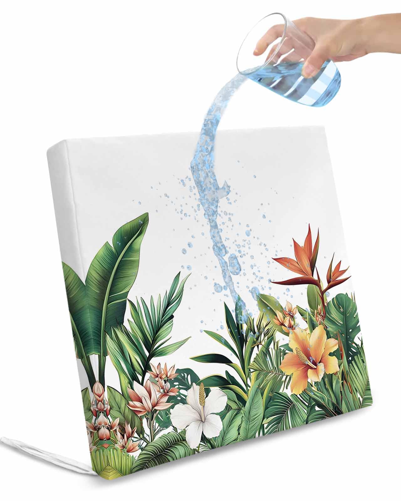 2 Pack Green Tropical Leaves Waterproof Cushion Covers with Ties, Outdoor Patio Chaise Lounge Chair Seat Cushion Slip Covers Replacement(Only Cover) Vintage Floral Summer 24