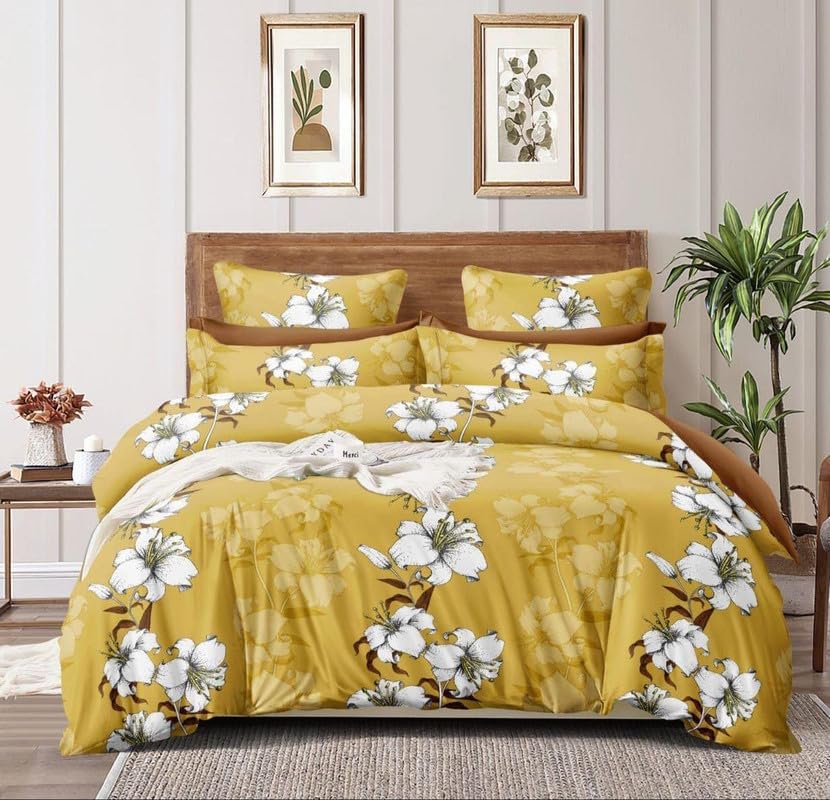 Image of Jashan Premium Cotton Fitted Bedsheets with 2 Pillow Covers for King Bed | 200-220 TC | Size 78x72+10 Inches | Yellow | Soft, Durable, All-Around Elastic Modern Collections