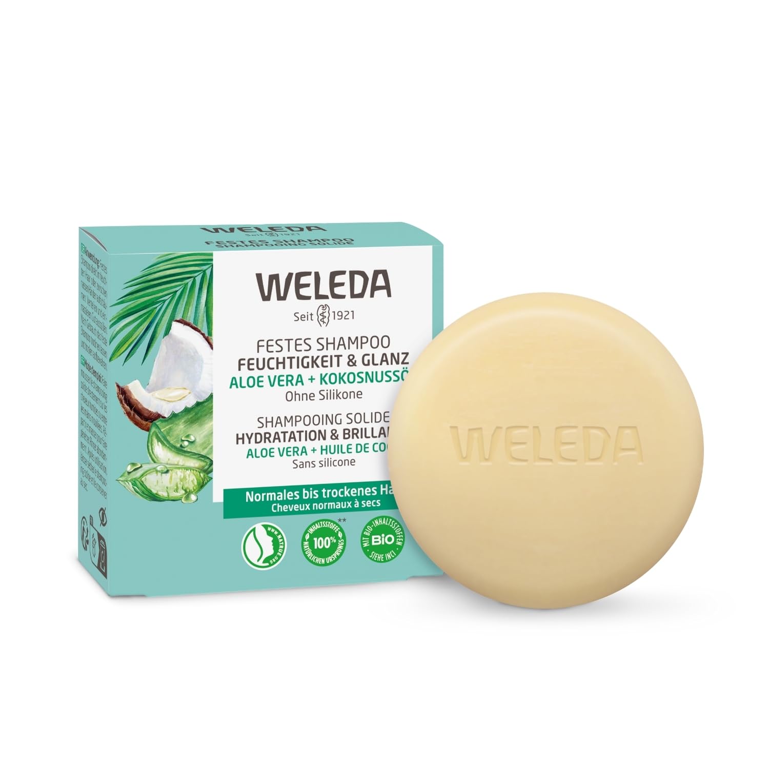 Weleda - Shampooing solide Hydratation & Brillance - Hydrate les cheveux - Préserve la brillance naturelle - Natrue - 50g