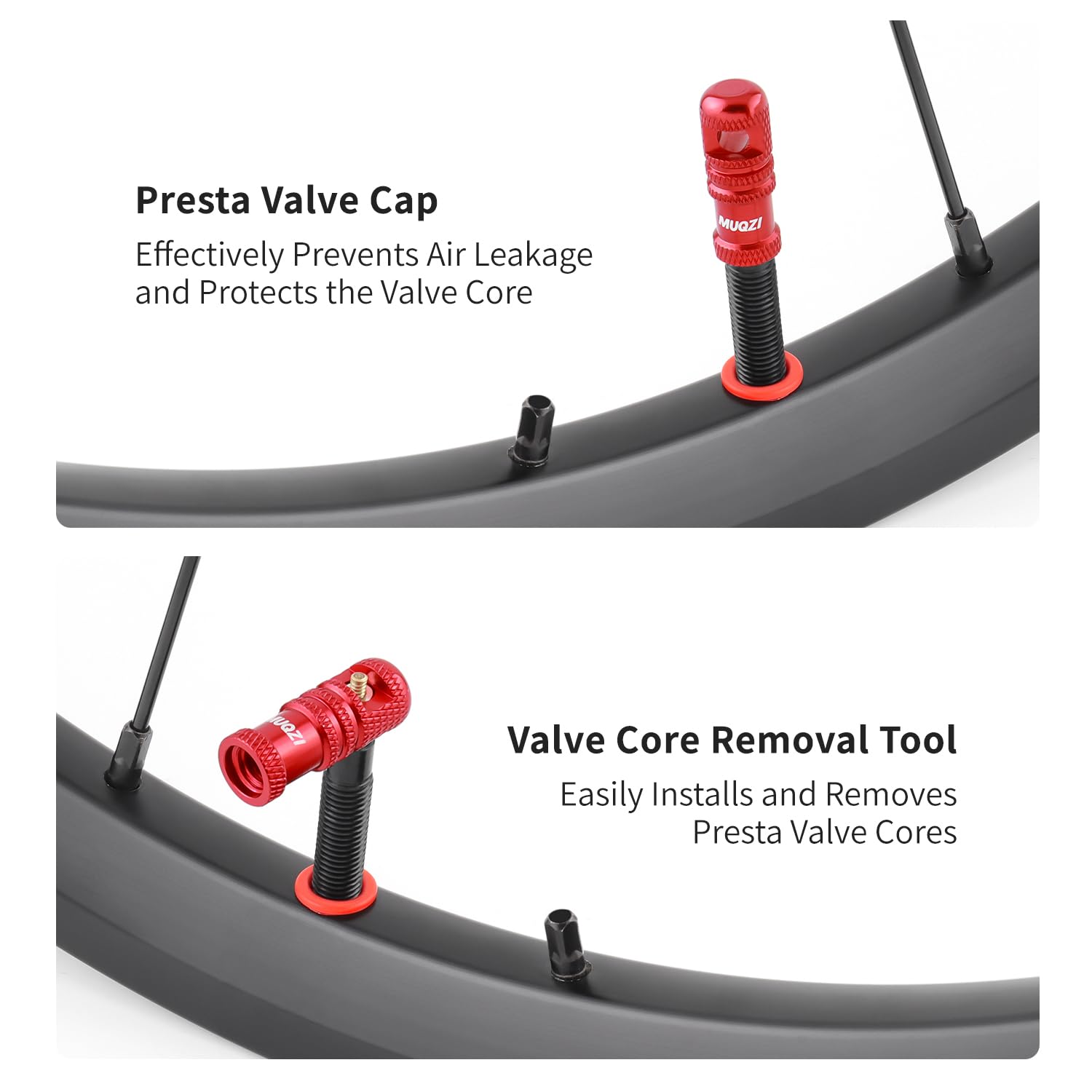 Mountain Bike Tire Presta Valve Stem Caps with Valve Core Removing Function Tool, Red