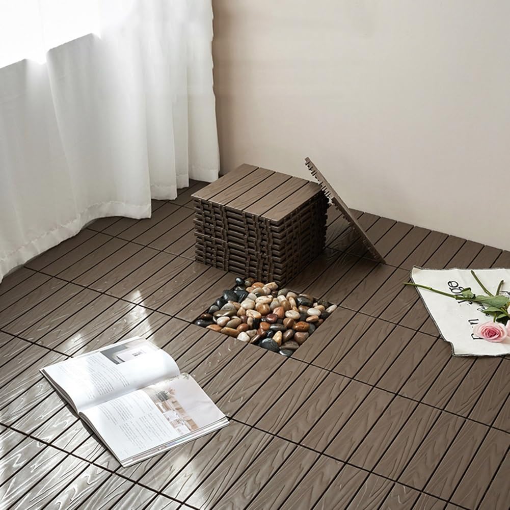 11 Pièces Dalles de Terrasse de Balcon en PVC avec Bois, Caillebotis de Patio Extérieur Imperméable Antidérapant À Clipser pour Porche Piscine, Utilisation par Tous les Temps(Coffee)