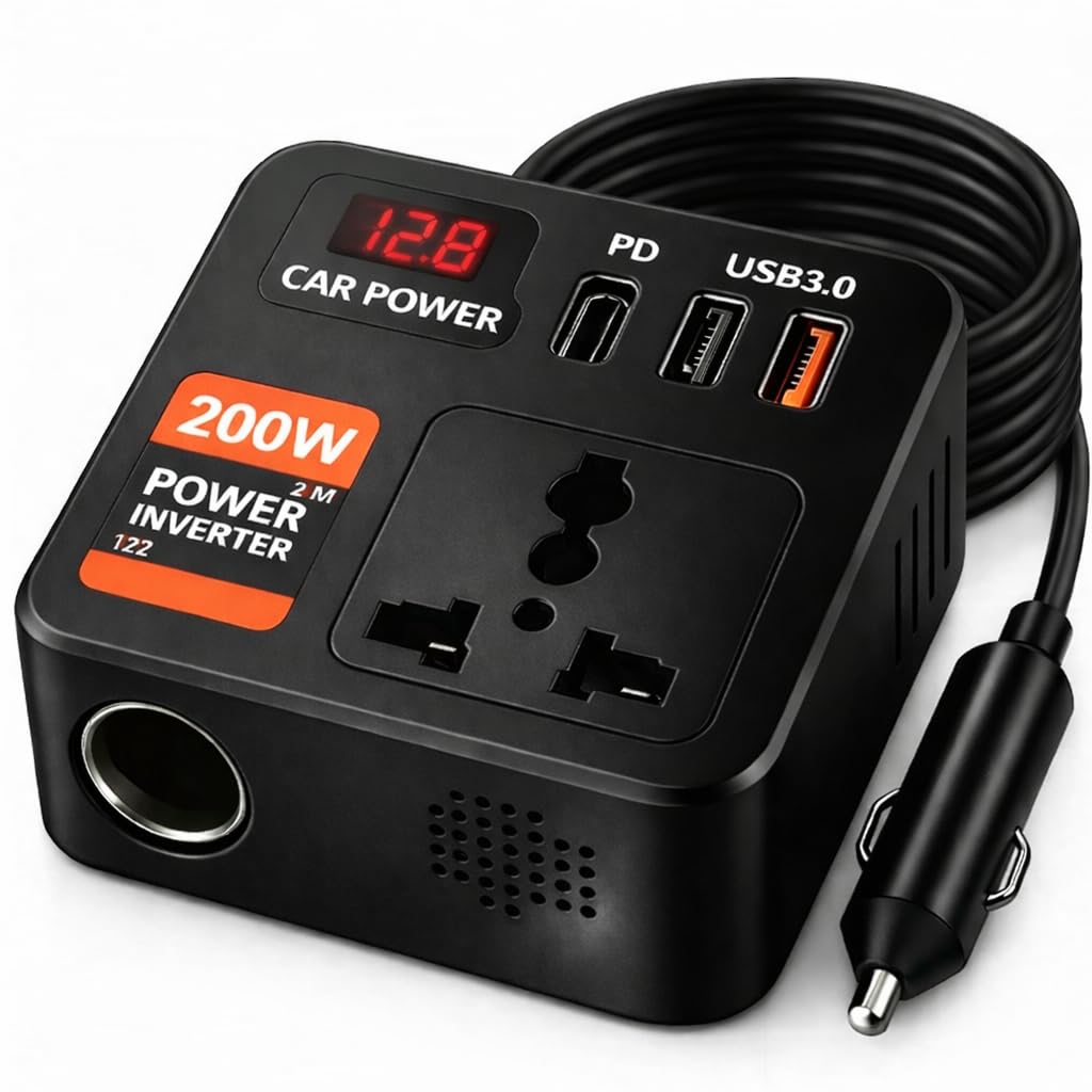 200W Car Power Inverter with 2 USB Ports (18W & 15W QC3.0), 1 USB-C 30W PD, 2 AC Universal Outlets, 12V DC to 220V AC Converter for Laptop, Phone, and Electronics Charging (Plug Car Charger)