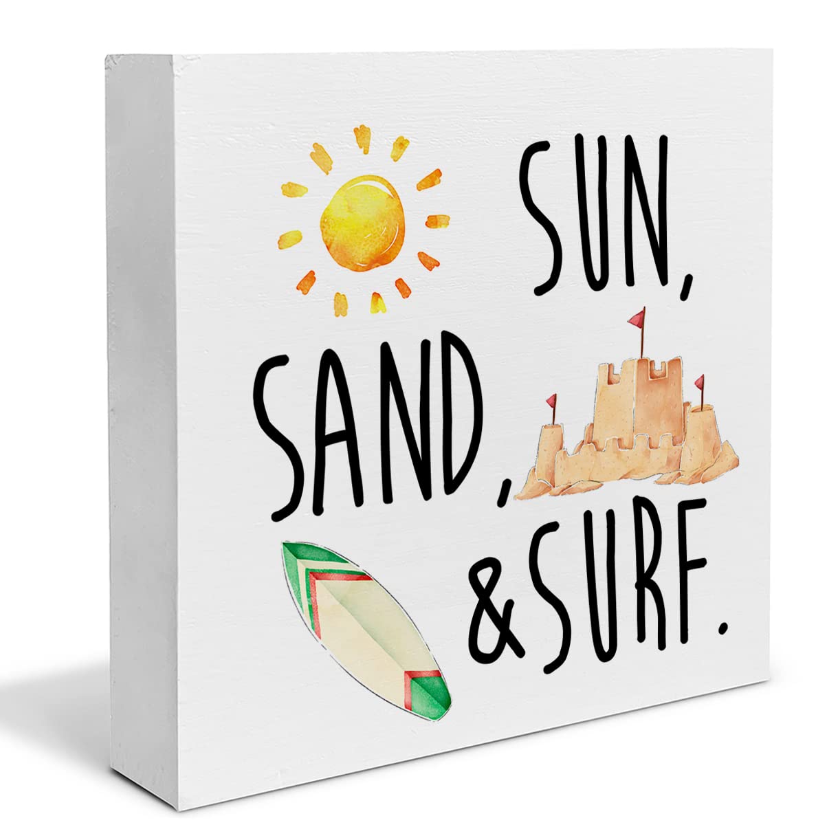 Sun Sand and Surf Wood Box Sign Desk Decor Beach Vacation Wood Block Sign Decor for Home Living Room Beach House Shelf Wall
