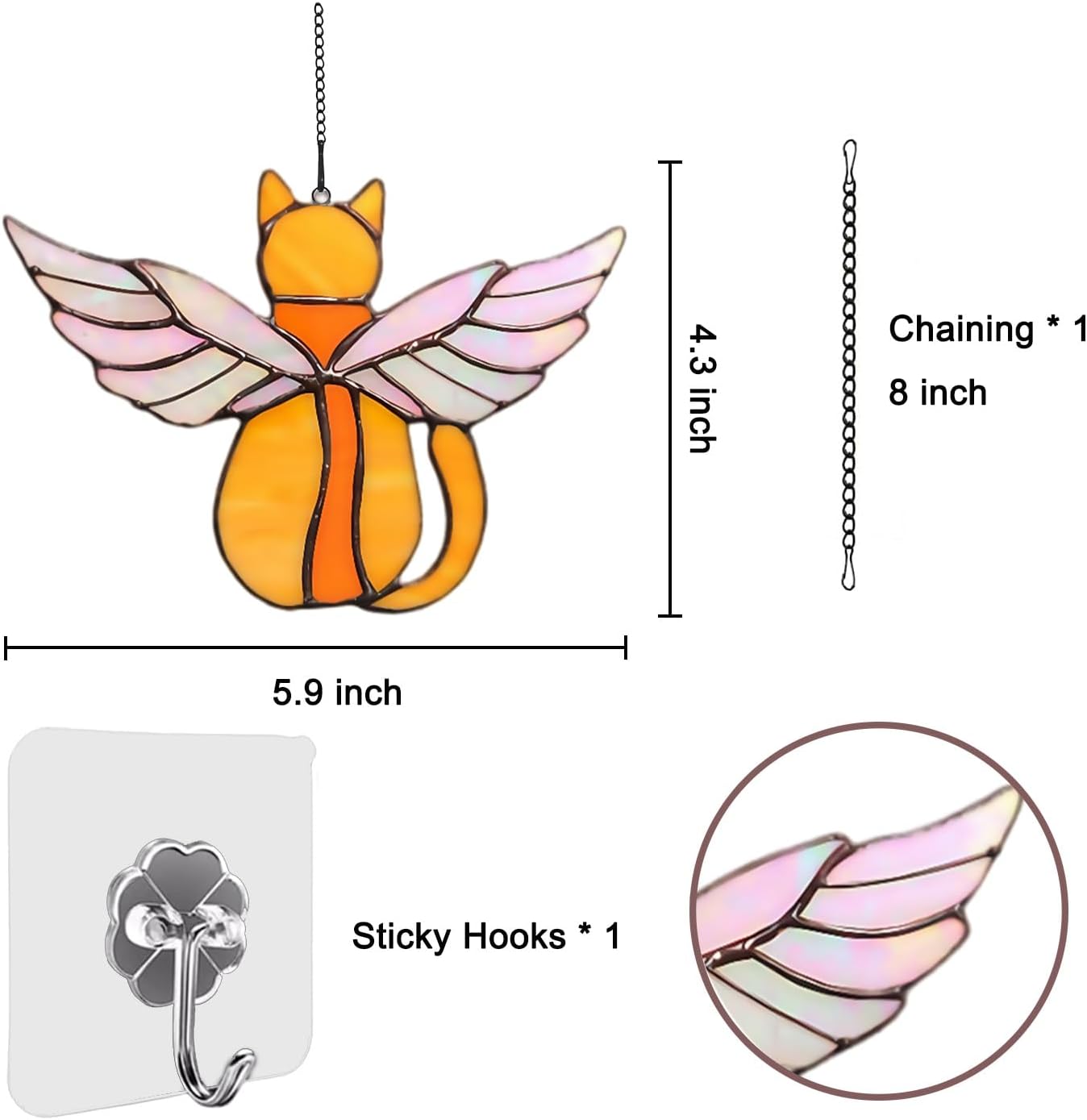 Cat Memorial Gifts with Beautiful Wing Decoration for Who Lose Pets, Stained Angel Cat Suncatcher for Pet Lovers in Memory of Loss (Orange)