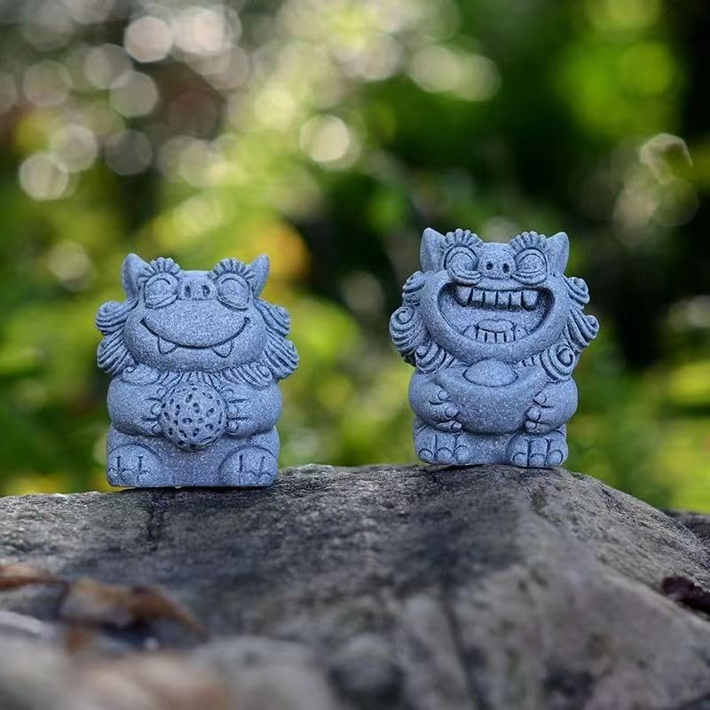 Miniatura 2 de Estatuas de perros Fu Foo para pecera, decoración de estatuas de un par de figuras asiáticas japonesas de arenisca de león para tanques de 10