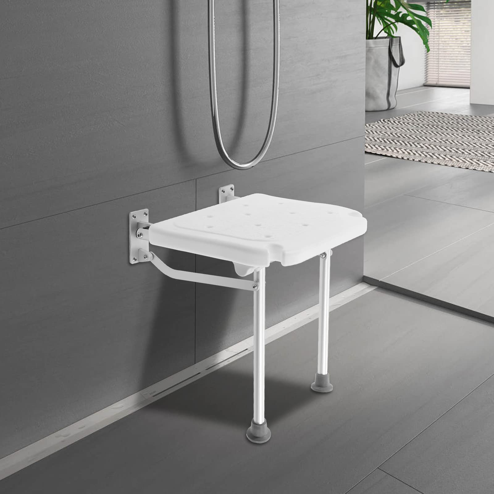 Asiento de ducha plegable para montaje en pared, equipado con un soporte antideslizante, giratorio 90 ° verticalmente, soporta hasta 100 kg, adecuado para personas mayores, embarazadas y otras