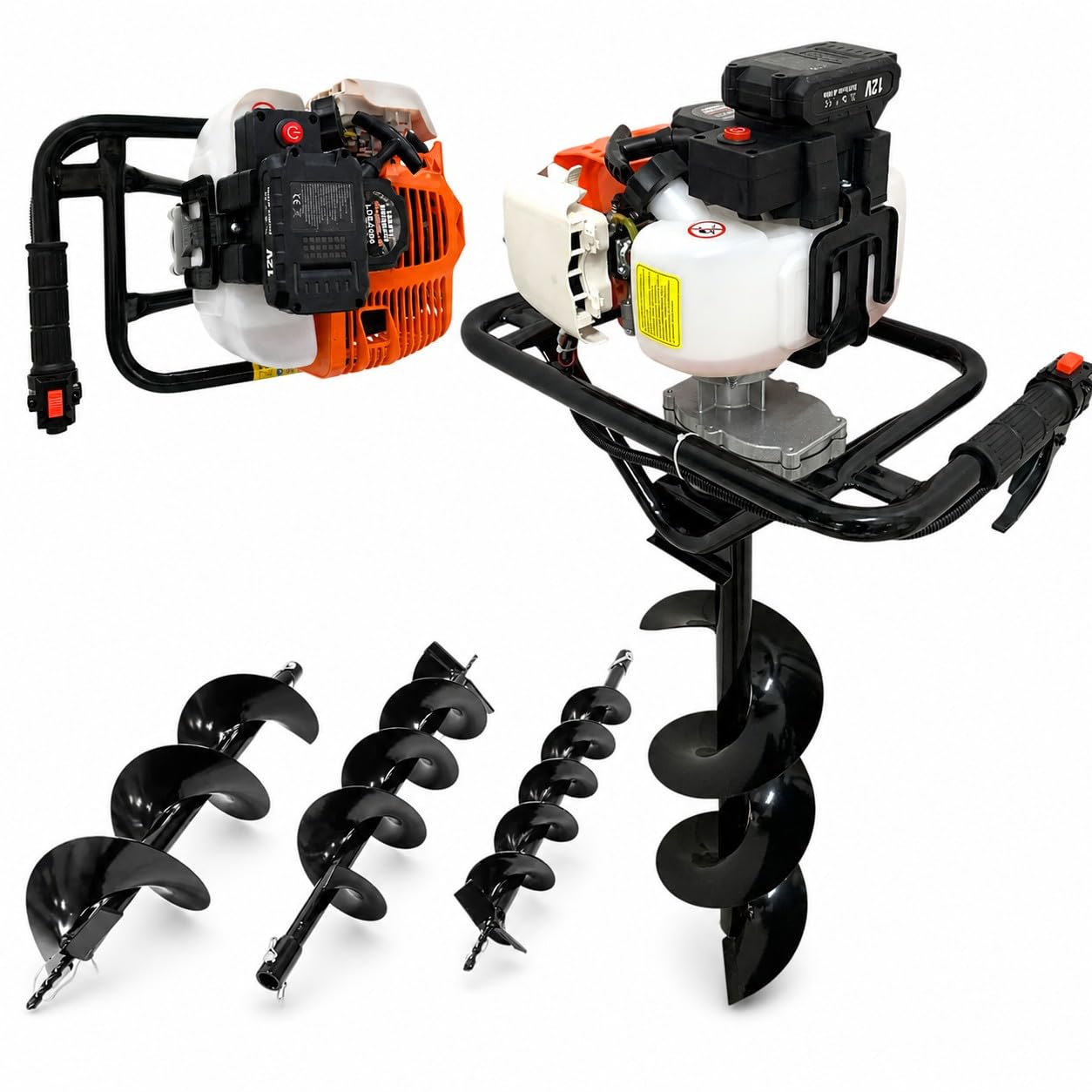 Mototrivella a Scoppio 52cc 1.45kW 7500RPM Avviamento Facile Elettrico + Manuale con 3 Punte intercambiabili da Ø 100, 150, 200 mm Trivella da Giardino e campi, Utilizzo Professionale e Fai da