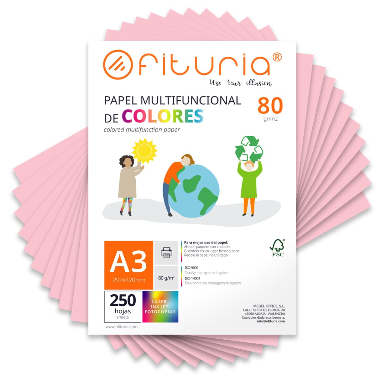 Coloured Sheets, Pack 250 Sheets A3 80 g – Coloured Paper for Crafts, Printer, Scrapbooking – Folios Colours – Ideal Origami, Papiroflexia, Office and School (Light Pink, 250h)