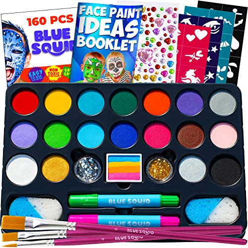 Blue Squid Face Painting Kit For Kids - 22 Color 160Pcs Kids Face Paint Kit With Stencils & Book, Halloween Makeup Kit, Professional Face Paint Kids Face Painting Kit Non Toxic Face Paint Kit For Kids #TOP11
