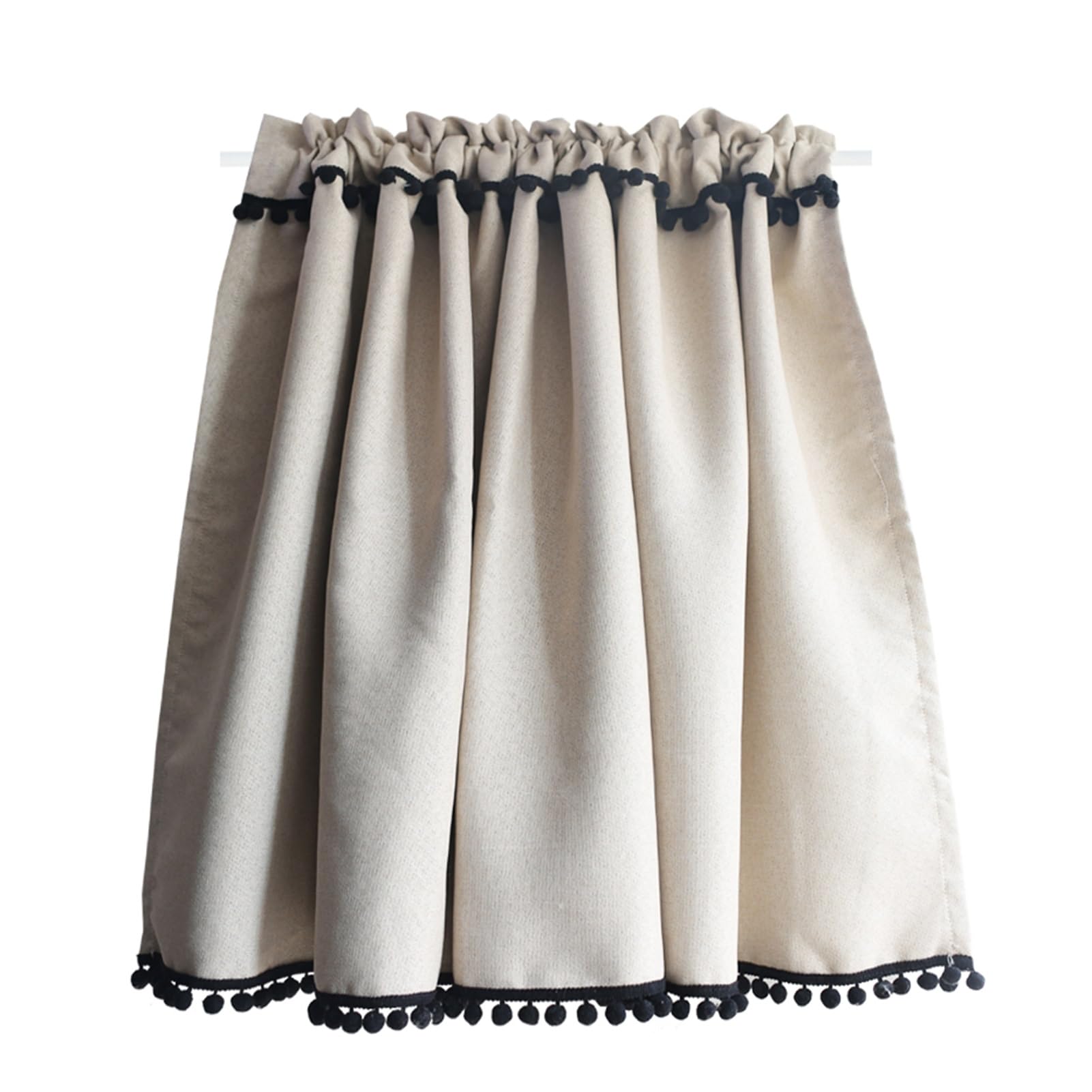 Opaque Valance Curtain for Small Window Room Fashion Short Curtain Rod Pocket Rustic Style Short Drapes with Black Pom Pom Window Treatments (Color : Beige, Size : 130x80cm/51x32in)