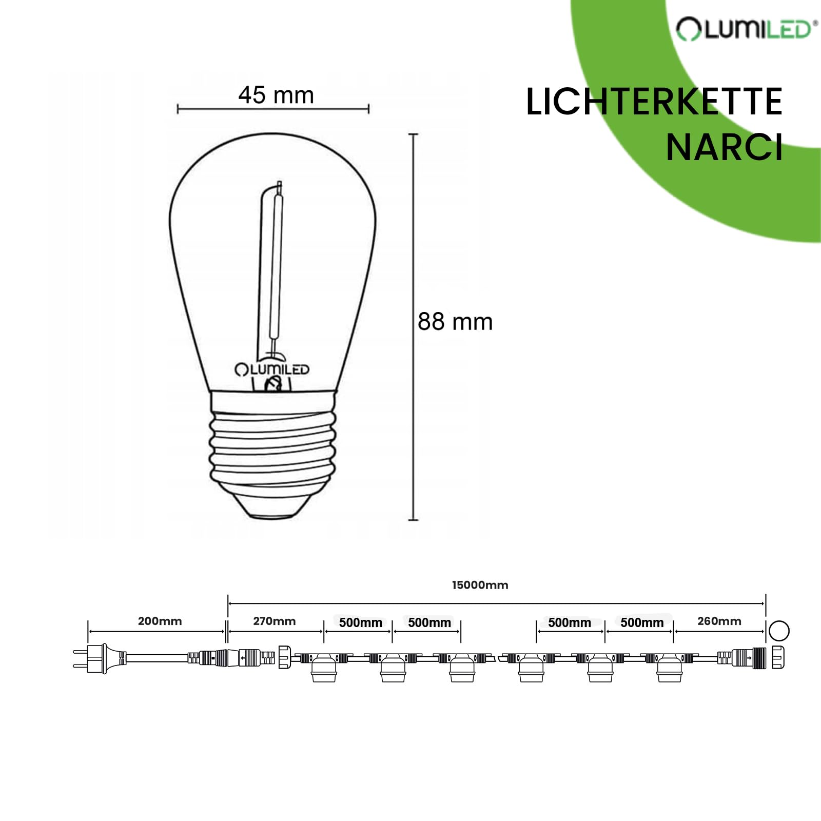 Lumiled Lichterkette Außen 15 Meter mit 30 E27 LED 1W Glühbirne Warmweiß 2700K 230V Birnen für Garten Biergarten Party Hochzeit Dekoration Terrasse verlängerbar mit Strom