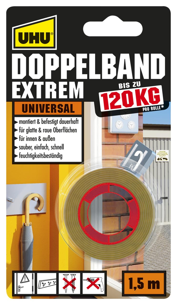 UHU Doppelband Extrem, Extrem hohe Klebekraft von 120 kg/Rolle, 1,5 m x 19 mm