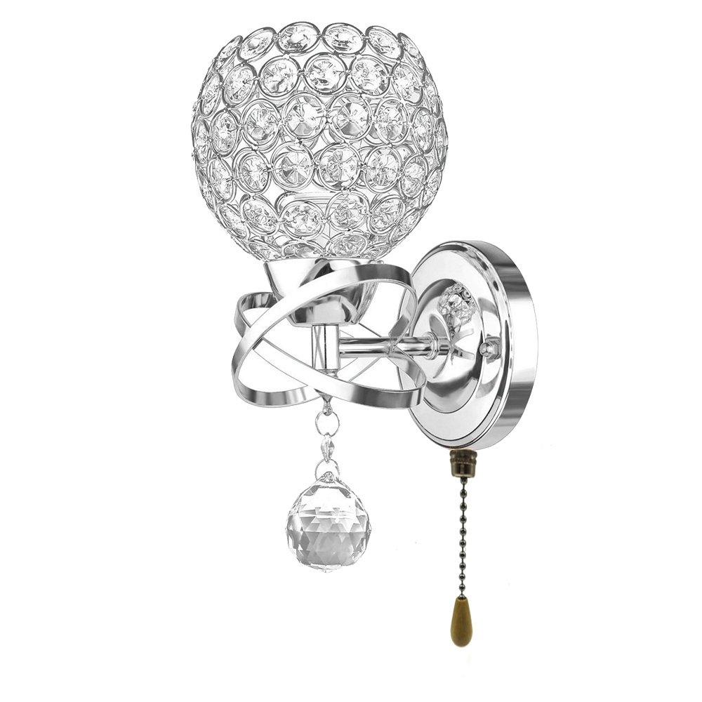 Modern Crystal Wall Light Pendent Lamp Chrome Finish Bedroom Sconce Lighting Fixture with Pull Cord Switch, E14 Socket (Spherical)