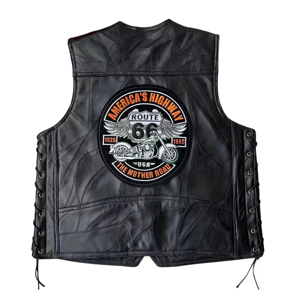 Gilet da Moto in Pelle da Uomo, Patch Ricamati, Aquila Americana