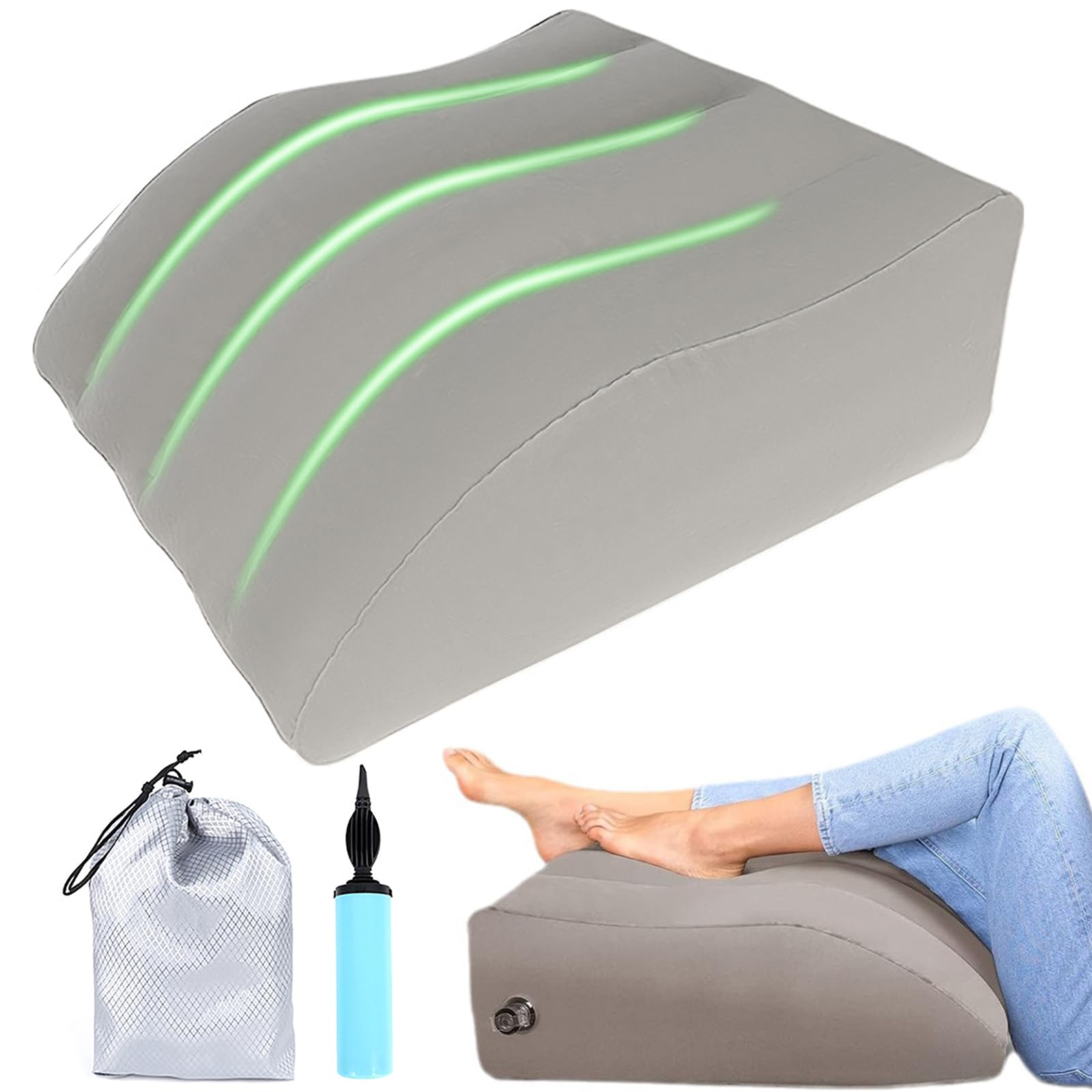 Jidyllic Gray Inflatable Leg Elevating Pillow & Foot Rest - Grey Ergonomic Wedge Pillow For Swelling, Blood Circulation & Back Pain Relief, Portable With Pump & Storage Bag