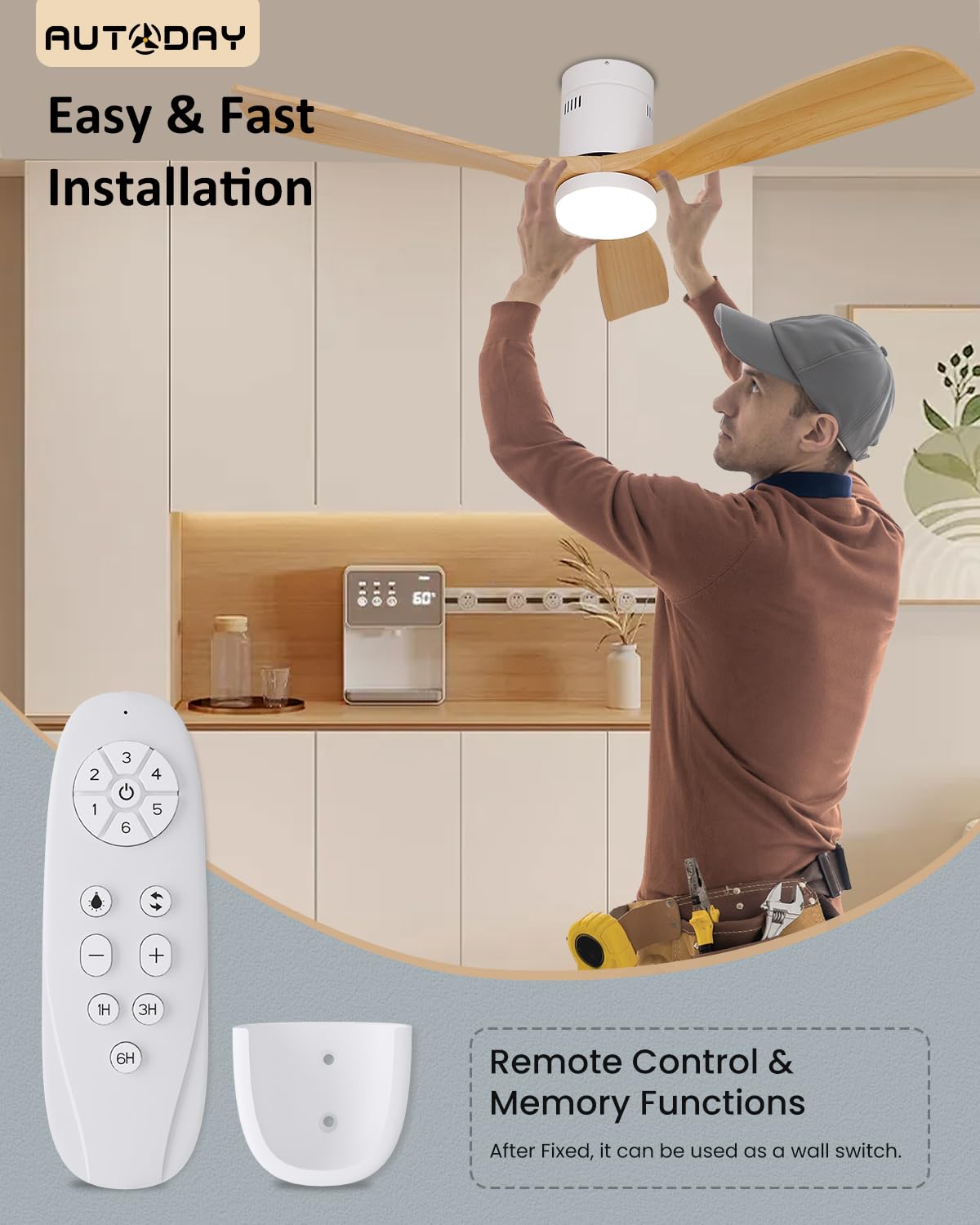 Drewniany wentylator sufitowy z oświetleniem ściemnialnym LED, 24 W, cichy silnik DC 38 W, 132 cm, drewniany wentylator sufitowy z światłem, pilot zdalnego sterowania z funkcją pamięci, 6
