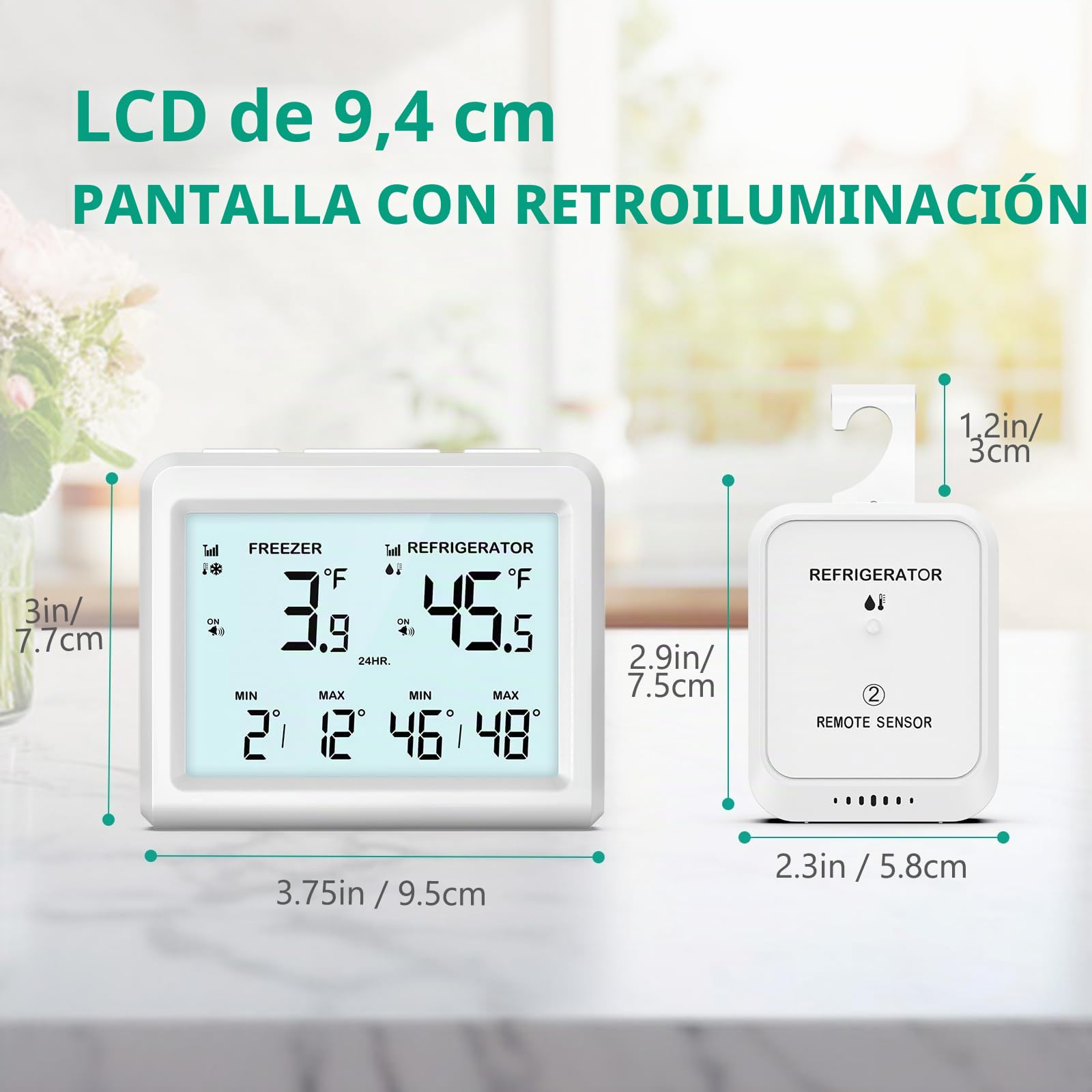 ORIA Termómetro Digital para Congelador, Termómetro para Nevera con 2 Sensores Inalámbricos, Pantalla LCD de 3,7", ℃/℉, Registro Min/Max, 2 Opciones de Montaje para Hogar y Restaurantes