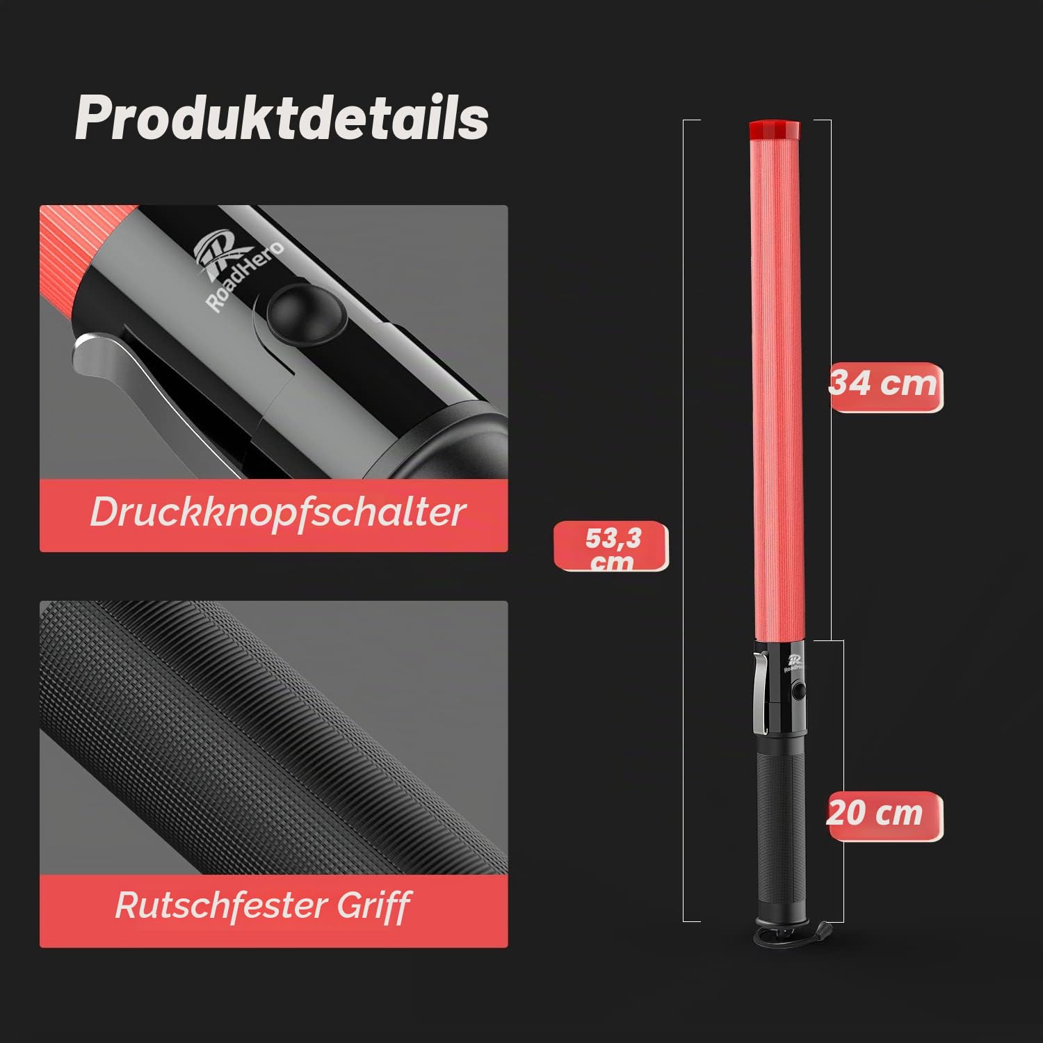 RoadHero 6er-Pack Verkehrsstäbe, 53,3 cm LED Verkehrskontrollstäbe mit 2 Blinkmodi, Luftverkehrsleitstab mit Seitenclip für Flughafen, Parken, direktes Leiten von Autos