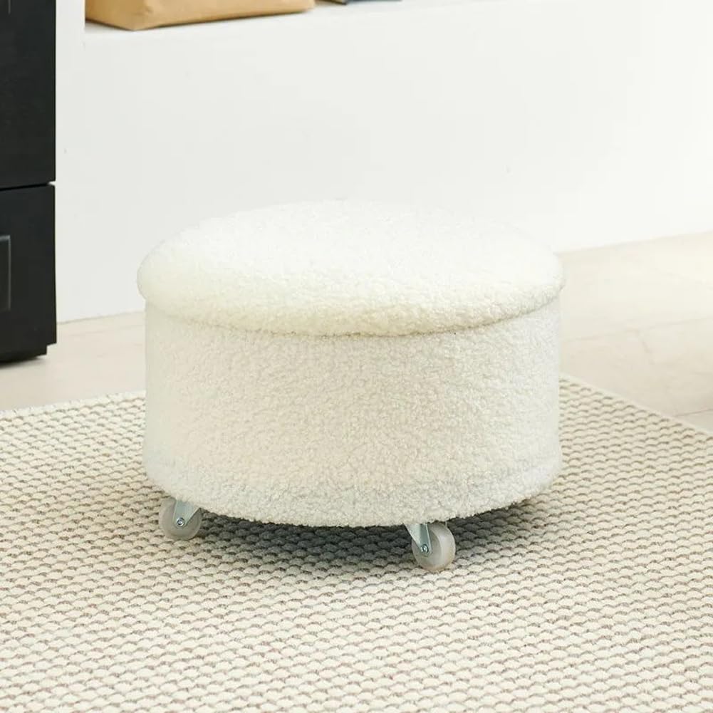 Pouf Rotondo Con Contenitore In Bouclé Bianco – Poggiapiedi Imbottito Per Soggiorno