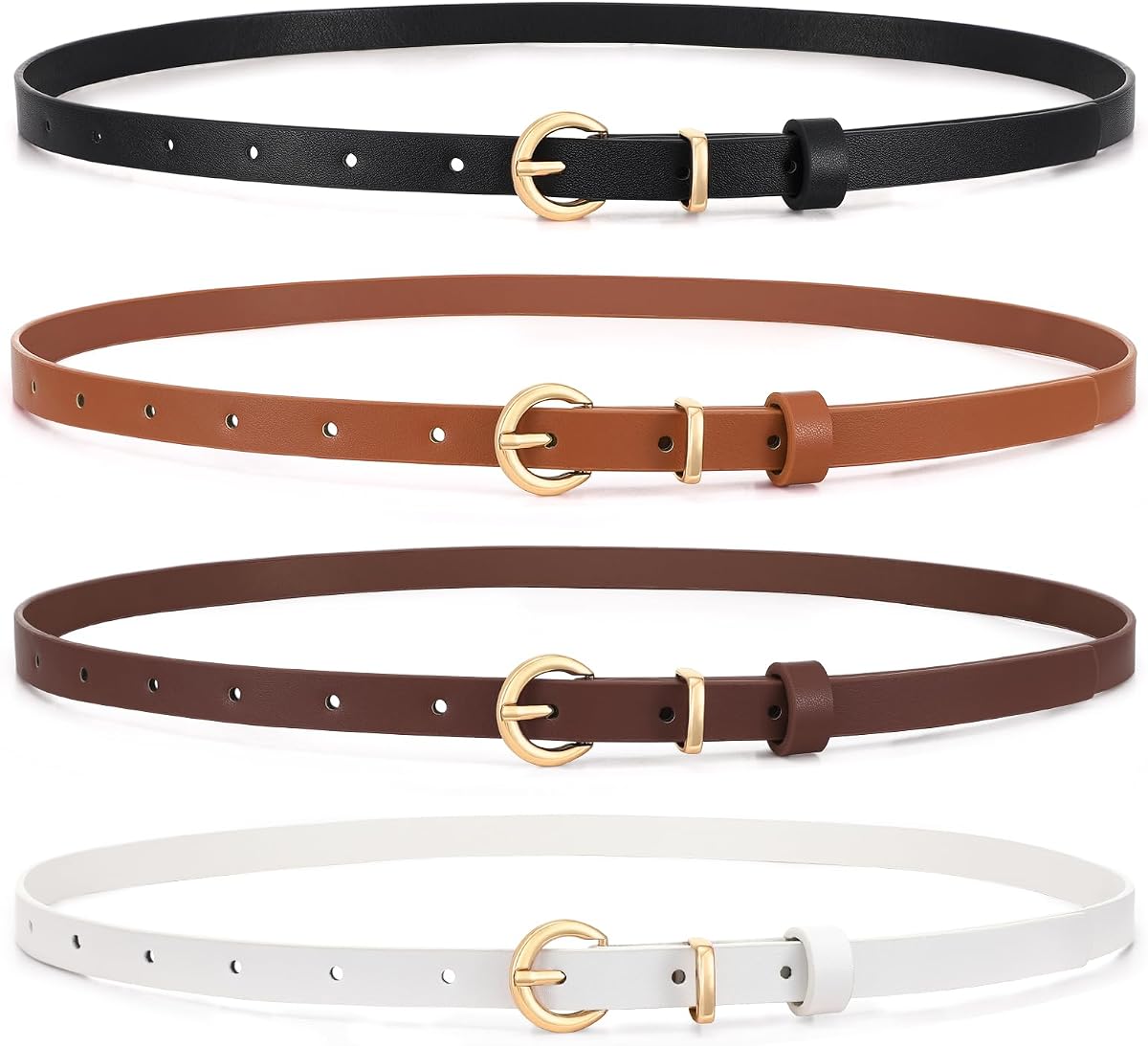 WHIPPY Set of 4 Women Skinny Leather Belt Thin Waist Belt with Metal Buckle for Pants Jeans Dresses